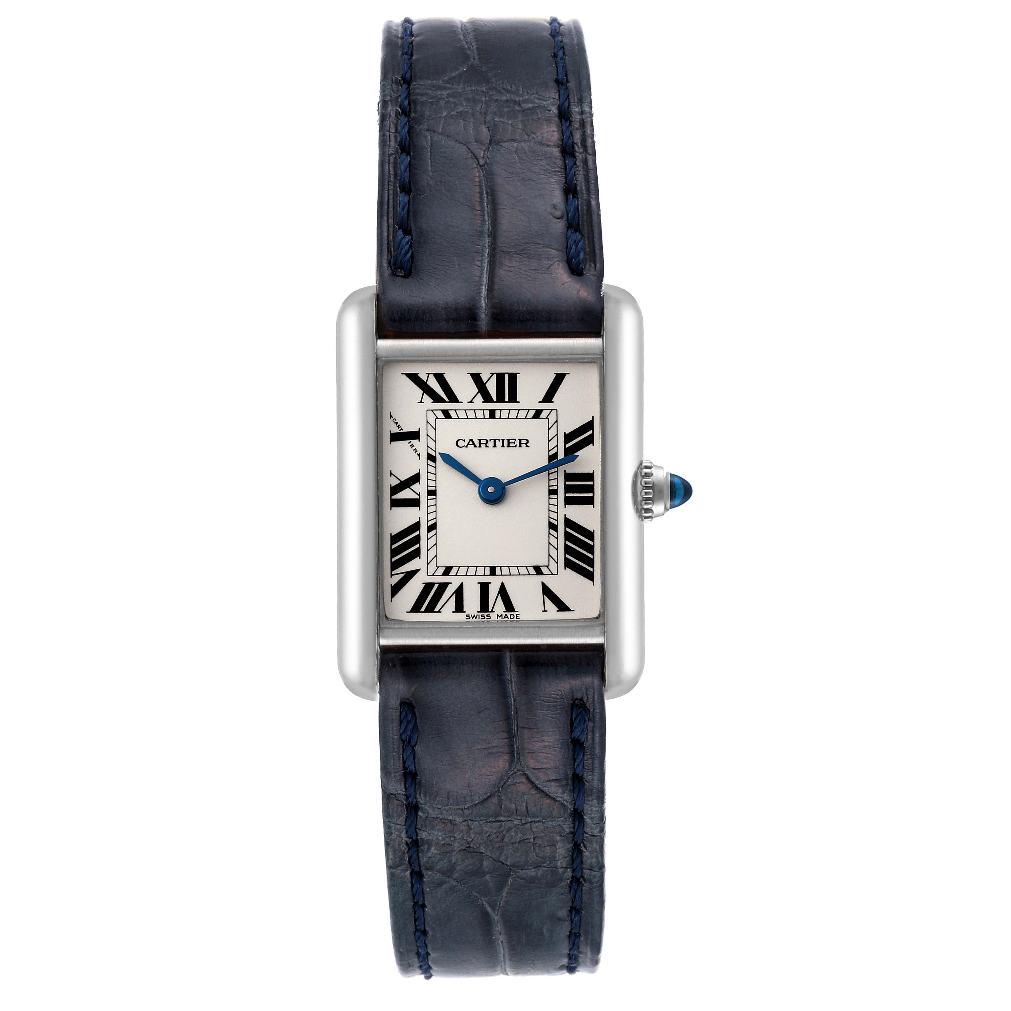 This image shows a Cartier Tank Louis W1541056 Women's White Gold Silver Dial W1541056 Women's White Gold Silver Dial model watch from a top-down angle, highlighting the face, strap, and rectangular case.