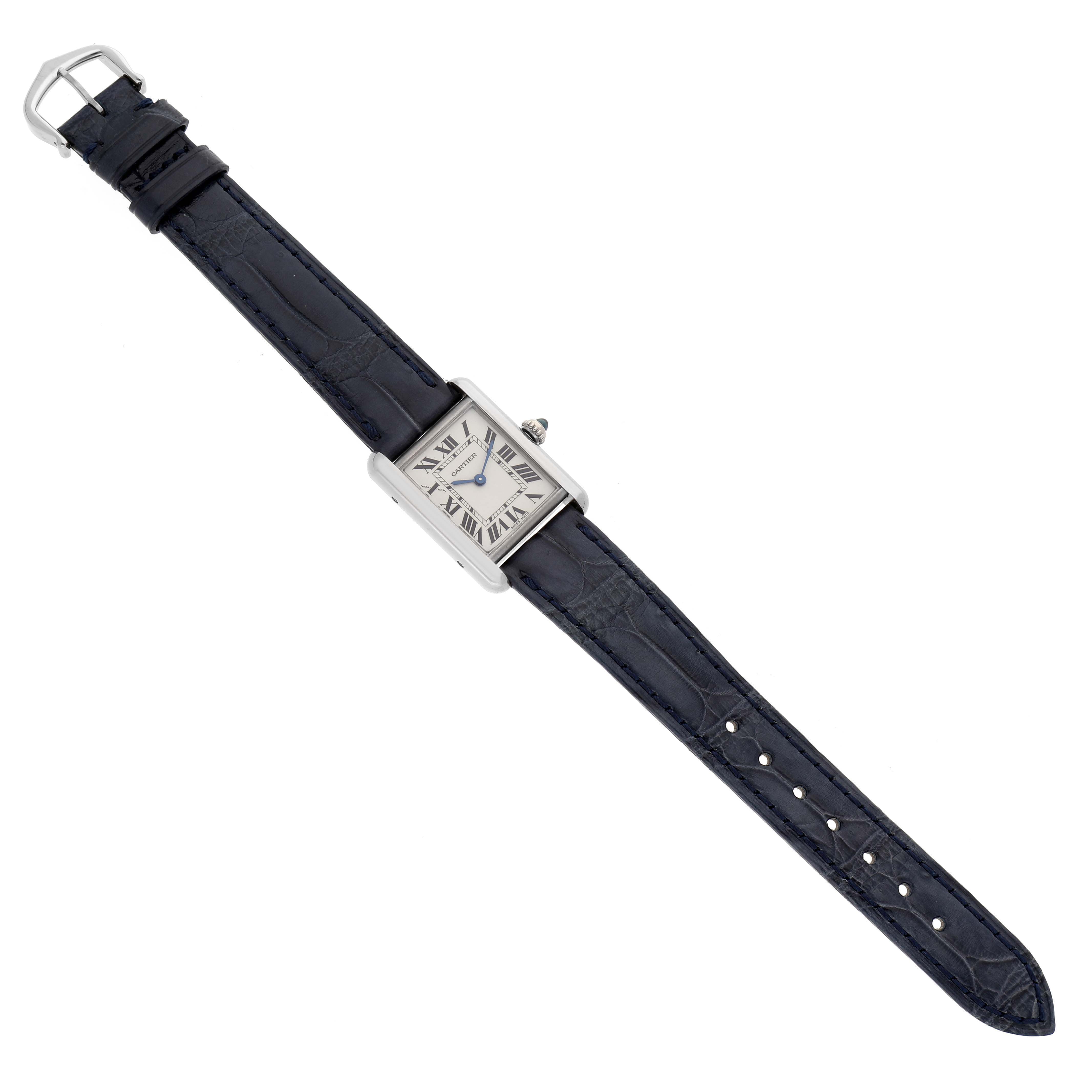 The Cartier Tank Louis W1541056 Women's White Gold Silver Dial W1541056 Women's White Gold Silver Dial watch is shown from a top-down angle, displaying the dial, case, crown, and leather strap.