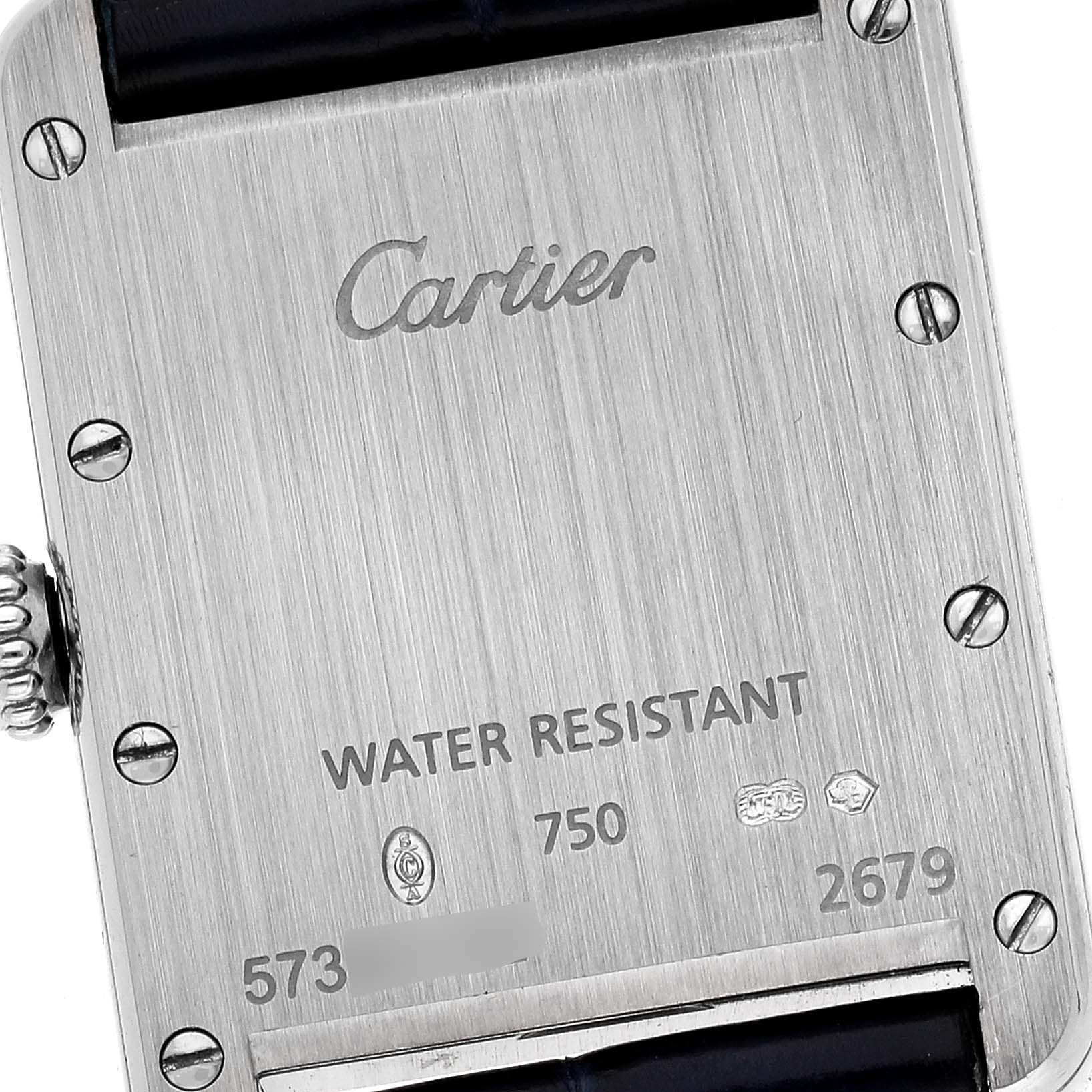 This image shows the back case of the Cartier Tank Louis W1541056 Women's White Gold Silver Dial W1541056 Women's White Gold Silver Dial watch, displaying brand, water resistance, and model information.