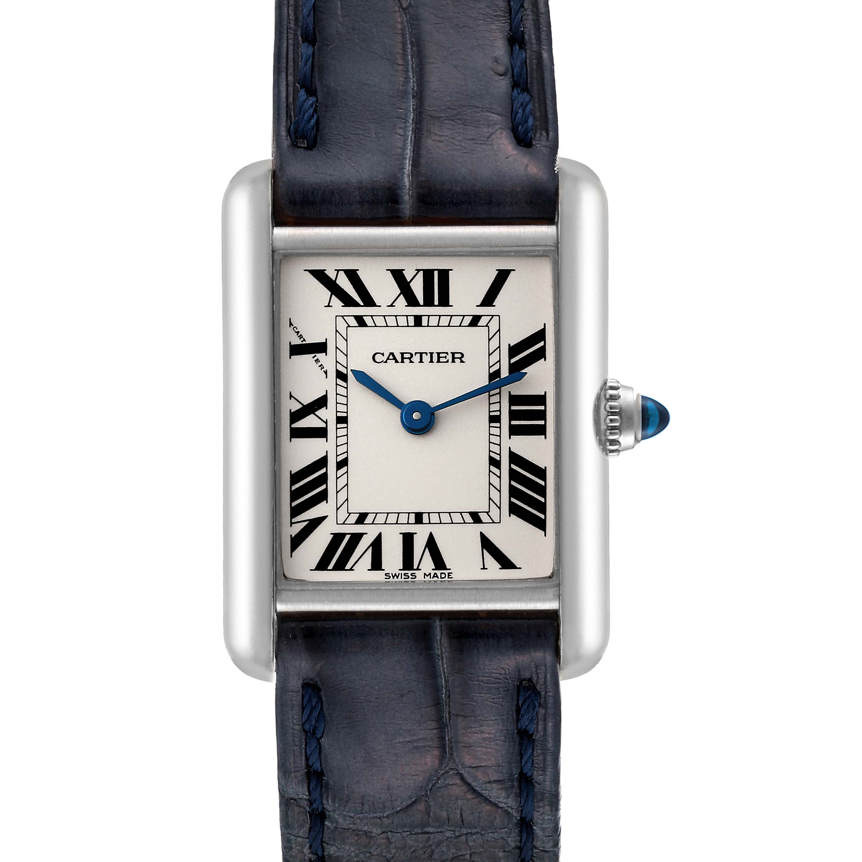 This image shows a front view of the Cartier Tank Louis W1541056 Women's White Gold Silver Dial W1541056 Women's White Gold Silver Dial watch with its face, blue hands, Roman numerals, and leather strap visible.