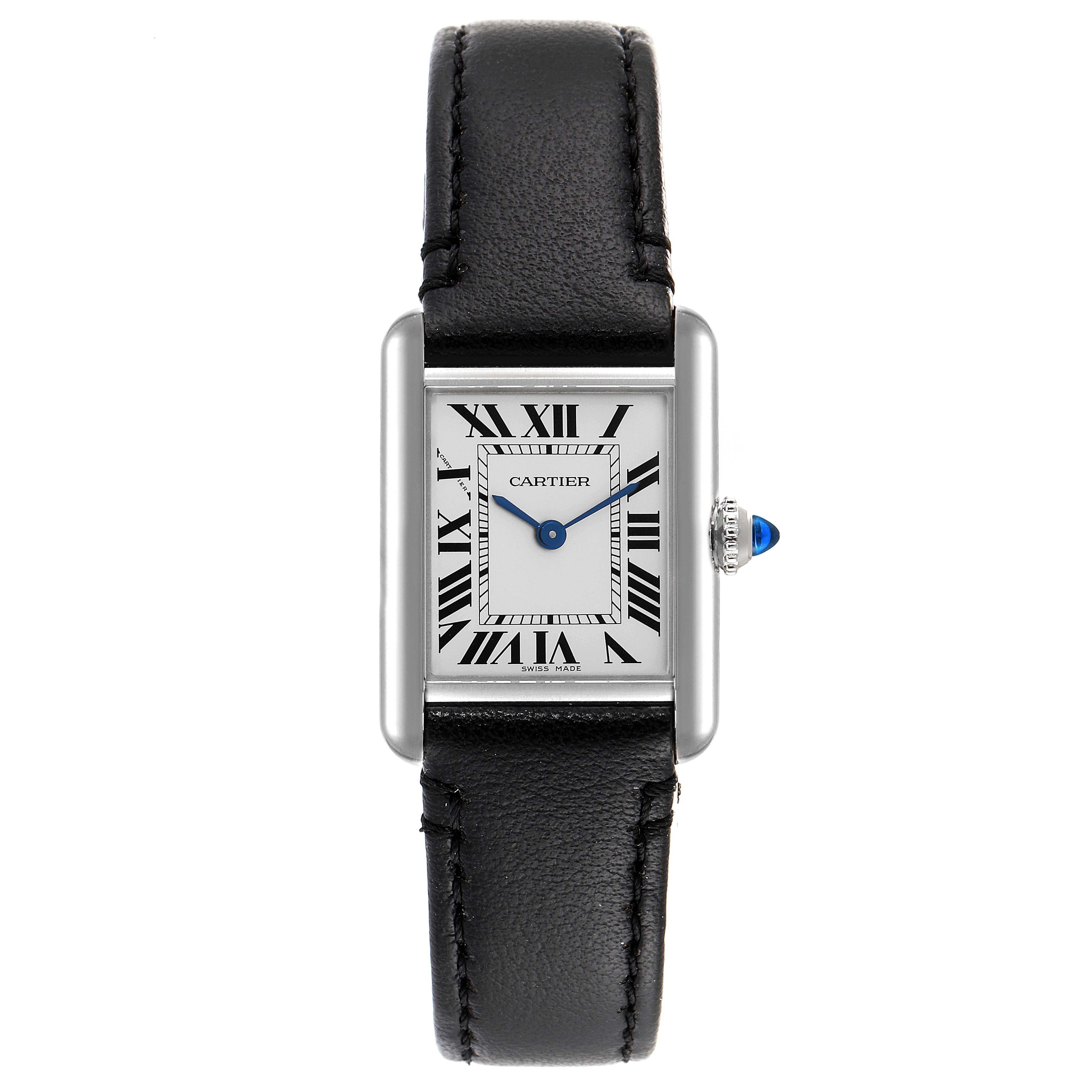 The image shows a front view of the Cartier Tank Must WSTA0060 Women's Stainless Steel Silver Dial WSTA0060 Women's Stainless Steel Silver Dial watch, highlighting its rectangular face, Roman numerals, and black leather strap.