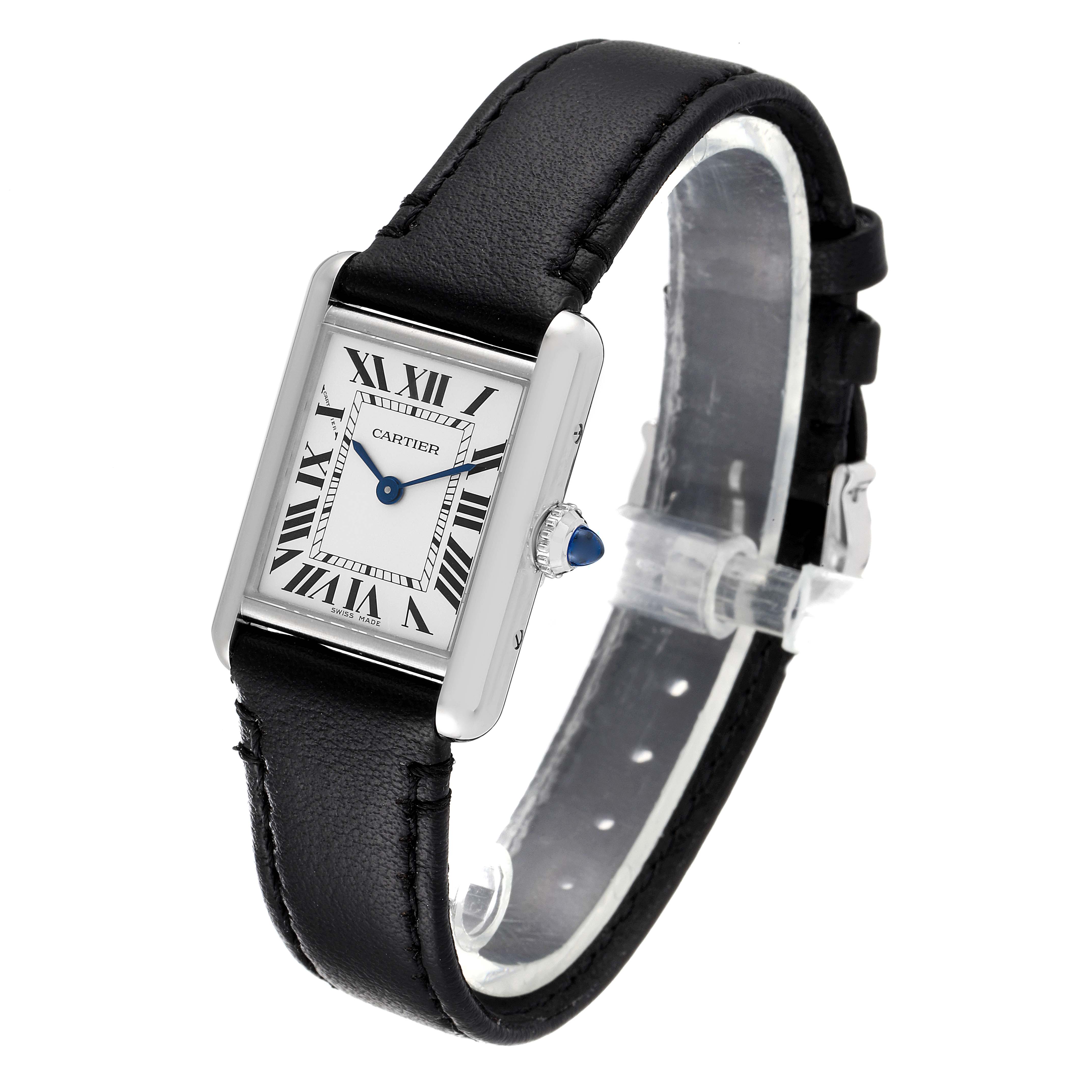 The image shows a Cartier Tank Must WSTA0060 Women's Stainless Steel Silver Dial WSTA0060 Women's Stainless Steel Silver Dial watch at a slight angle, displaying the face, strap, and crown.