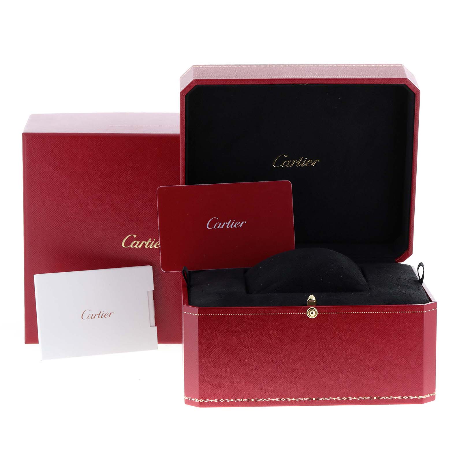 The image shows the packaging, including the box and booklet, for the Cartier Tank Must WSTA0060 Women's Stainless Steel Silver Dial WSTA0060 Women's Stainless Steel Silver Dial watch, positioned in an open and upright angle.