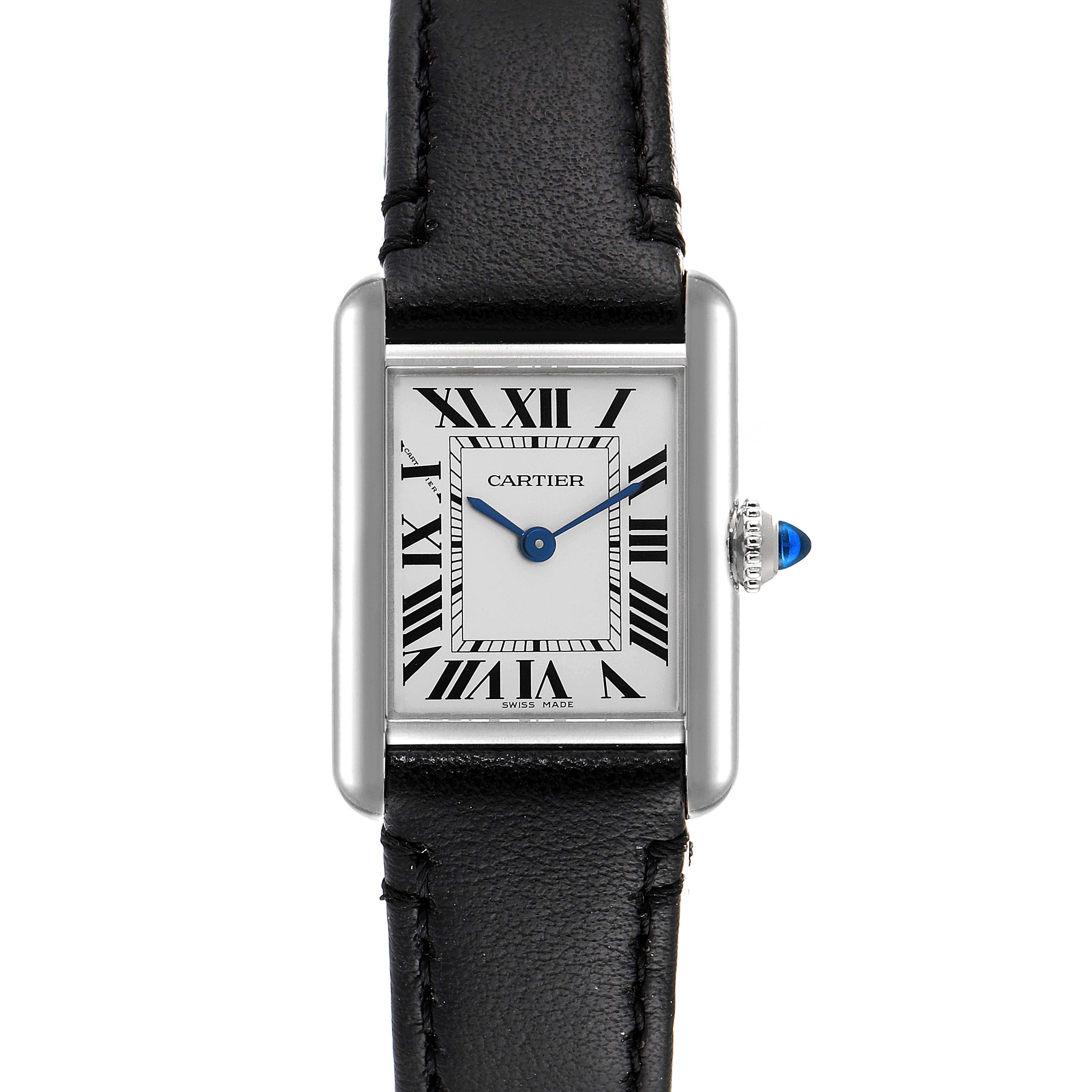 This image shows a front view of the Cartier Tank Must WSTA0060 Women's Stainless Steel Silver Dial WSTA0060 Women's Stainless Steel Silver Dial watch, highlighting its rectangular face, Roman numerals, and leather strap.