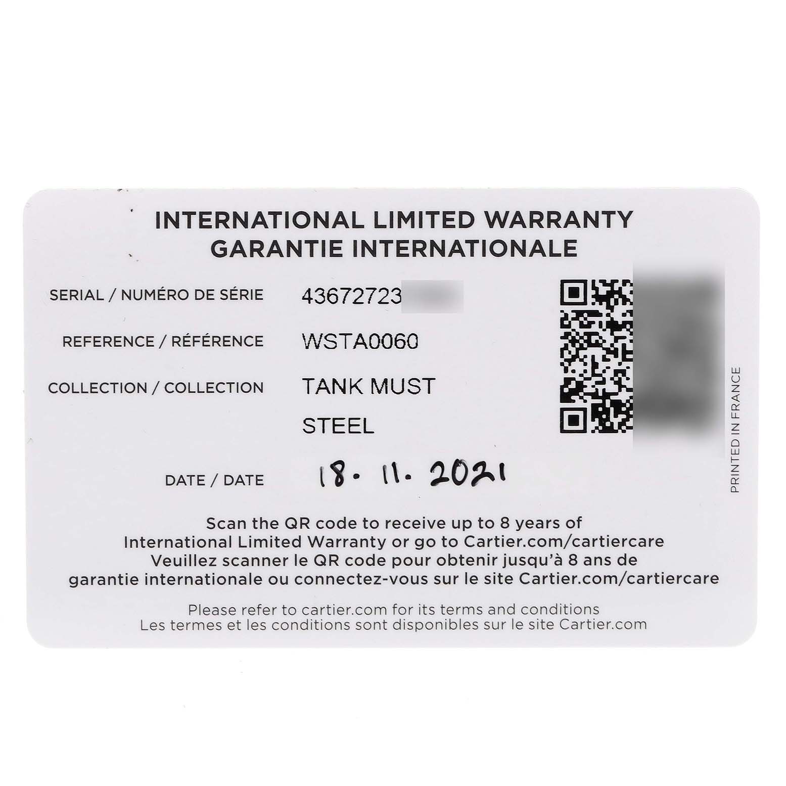 This image shows an International Limited Warranty card for the Cartier Tank Must WSTA0060 Women's Stainless Steel Silver Dial WSTA0060 Women's Stainless Steel Silver Dial watch model.