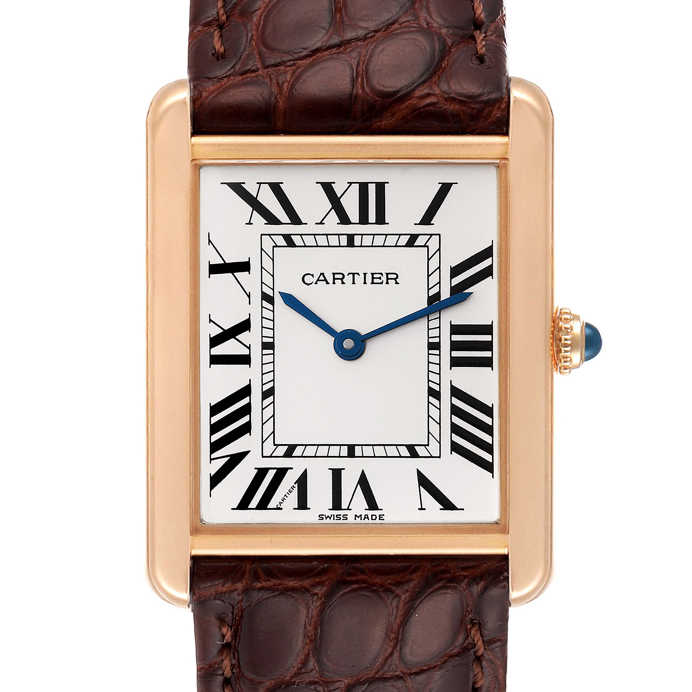 This image shows a front view of the Cartier Tank Solo W5200025 Men
s Rose Gold Silver Dial W5200025 Men
s Rose Gold Silver Dial watch, featuring a gold rectangular case, Roman numerals, and a brown leather strap.