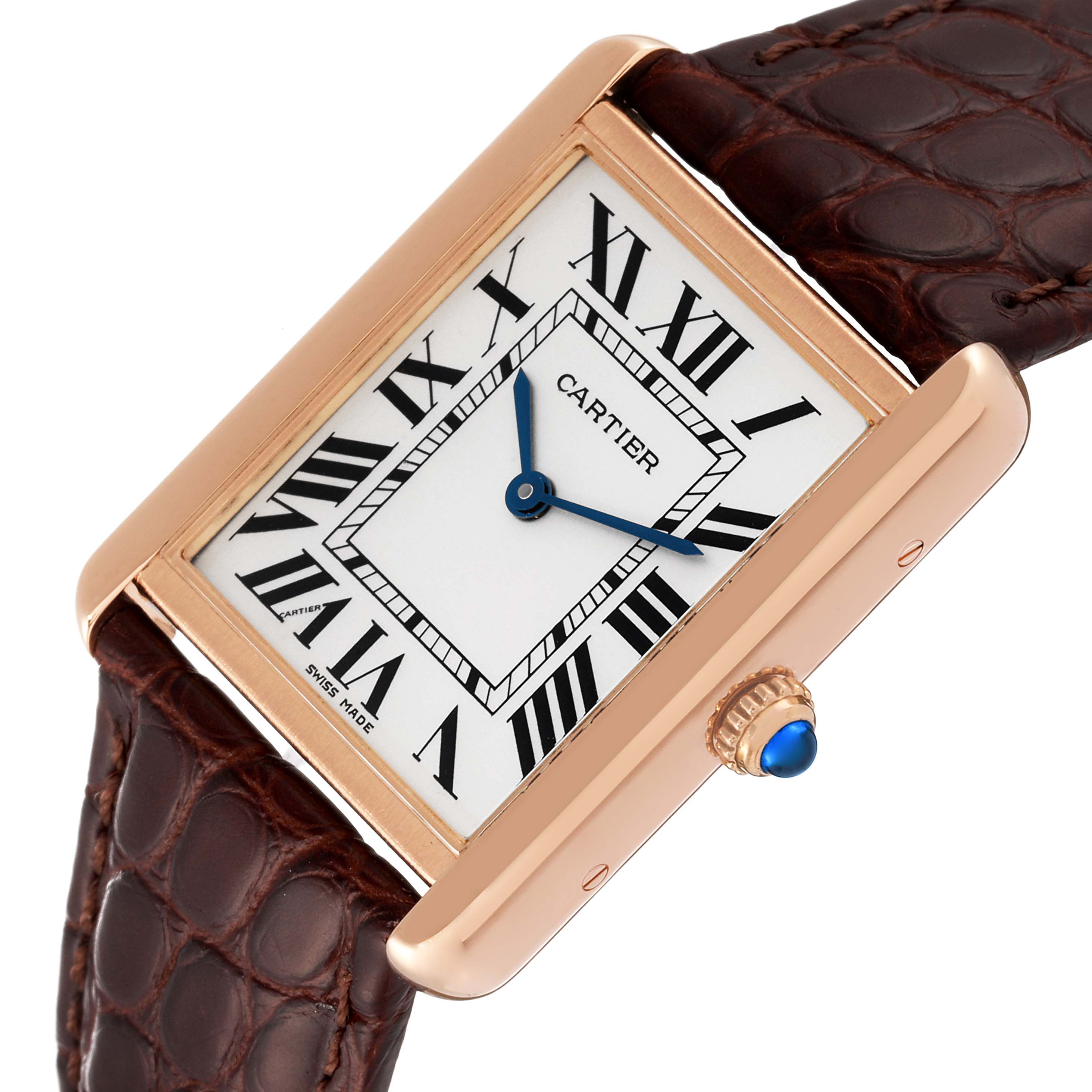 The image shows an angled view of the Cartier Tank Solo W5200025 Men
s Rose Gold Silver Dial W5200025 Men
s Rose Gold Silver Dial watch, highlighting its face, Roman numerals, and brown leather strap.