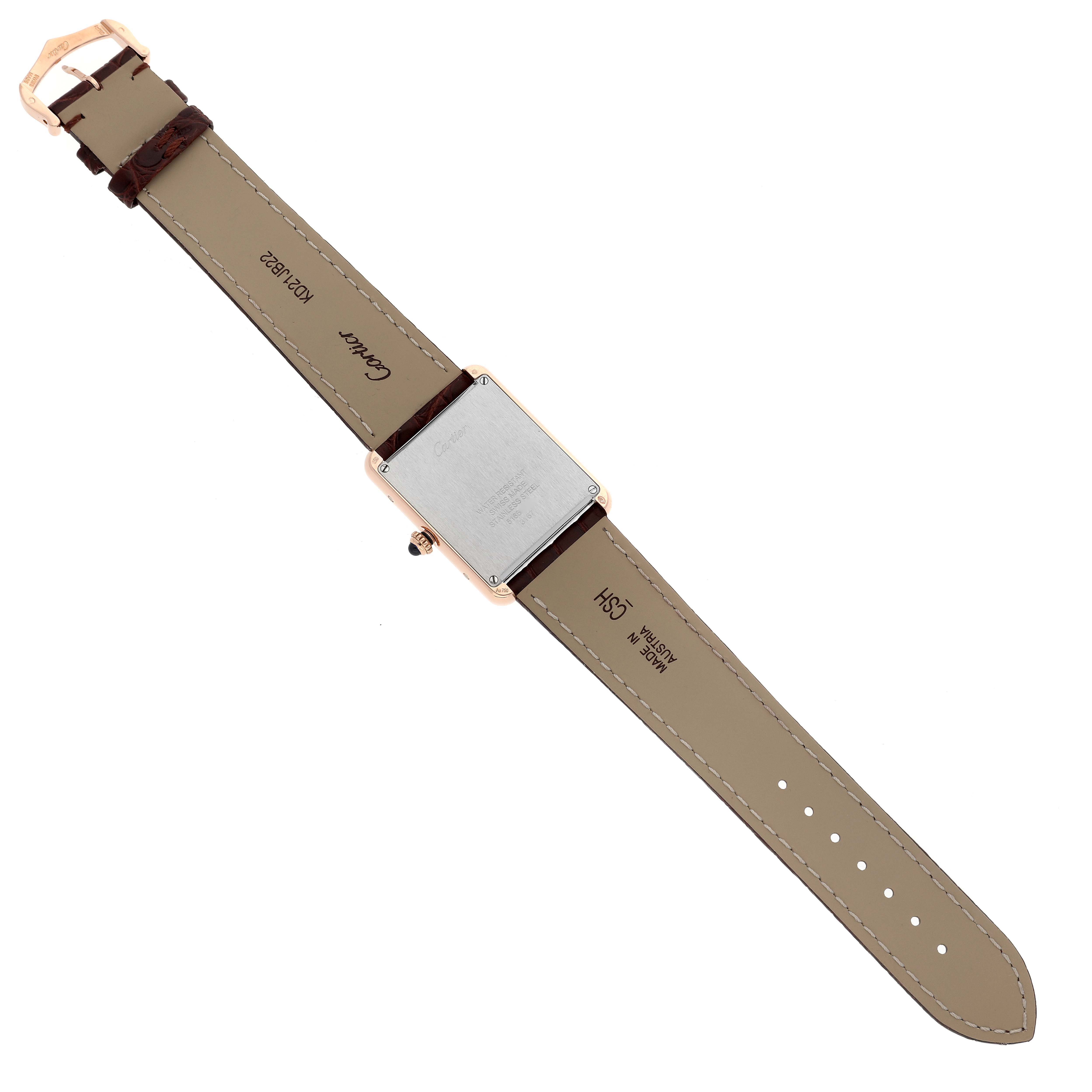 The image shows the back view of a Cartier Tank Solo W5200025 Men
s Rose Gold Silver Dial W5200025 Men
s Rose Gold Silver Dial watch, including the back case and leather straps.