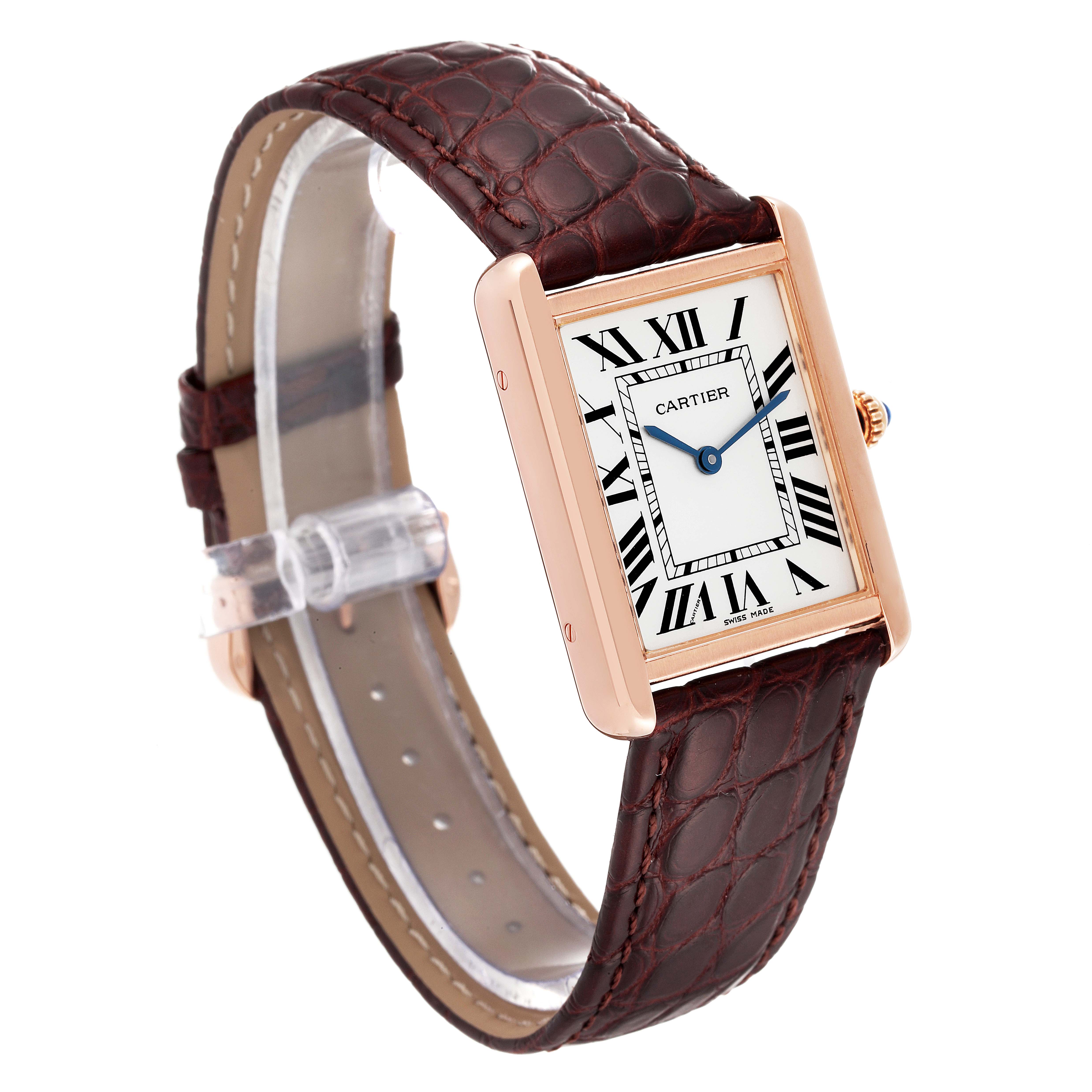 The image shows a Cartier Tank Solo W5200025 Men
s Rose Gold Silver Dial W5200025 Men
s Rose Gold Silver Dial watch at a three-quarter angle, highlighting its case, dial, and leather strap.