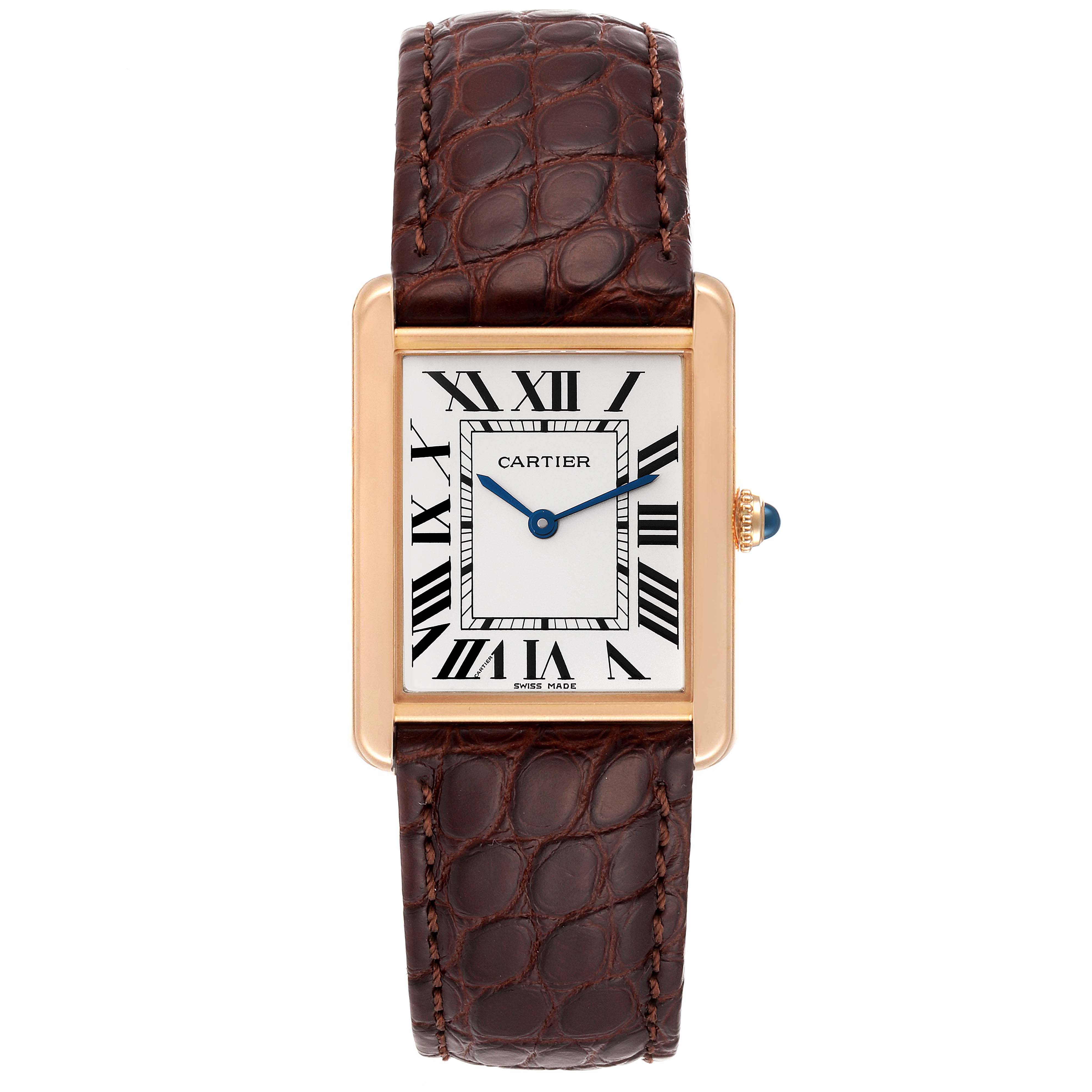 This is a front view of the Cartier Tank Solo W5200025 Men
s Rose Gold Silver Dial W5200025 Men
s Rose Gold Silver Dial watch, showing the face, leather strap, and crown.
