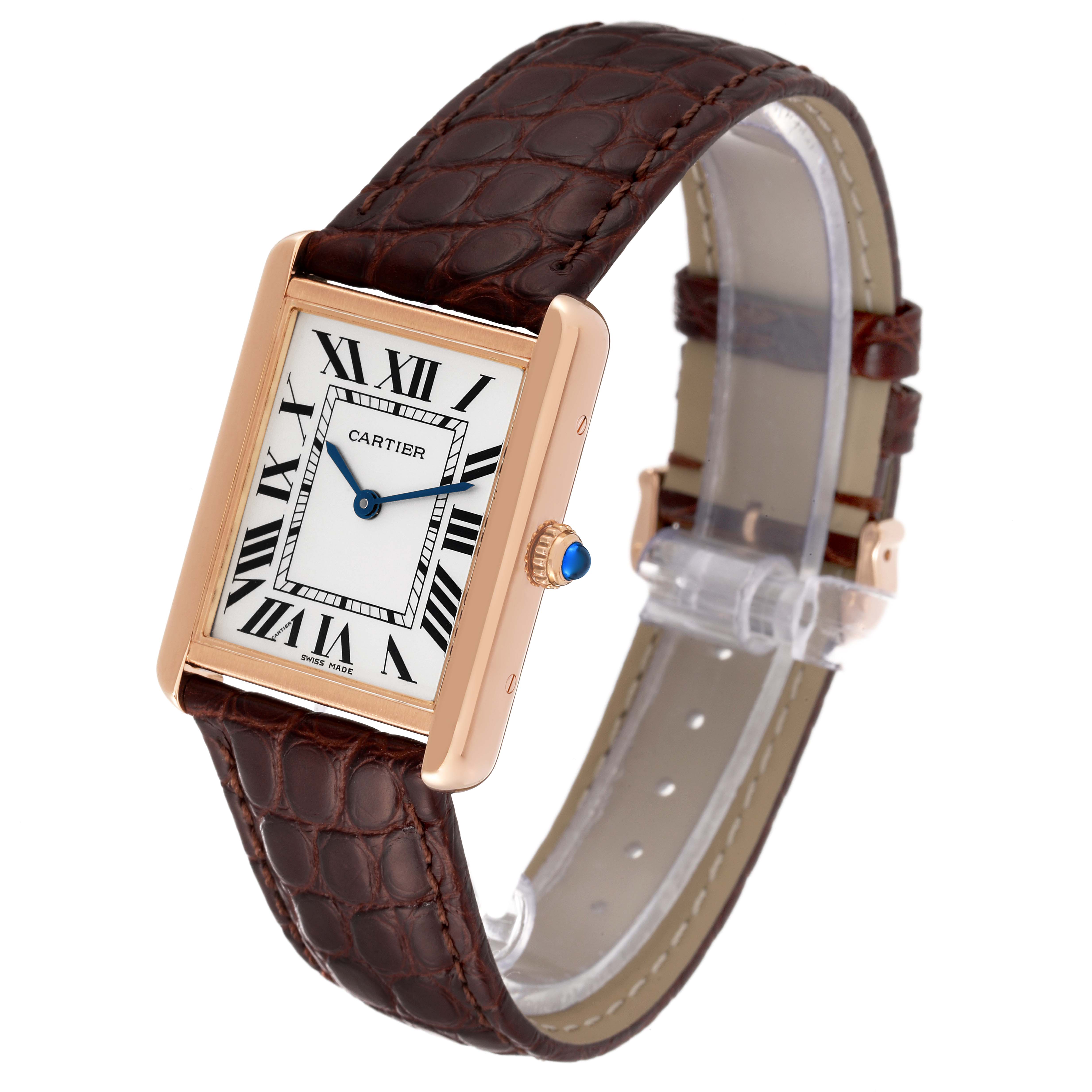 The image shows a Cartier Tank Solo W5200025 Men
s Rose Gold Silver Dial W5200025 Men
s Rose Gold Silver Dial watch at a three-quarter angle, displaying the face, crown, and brown leather strap.