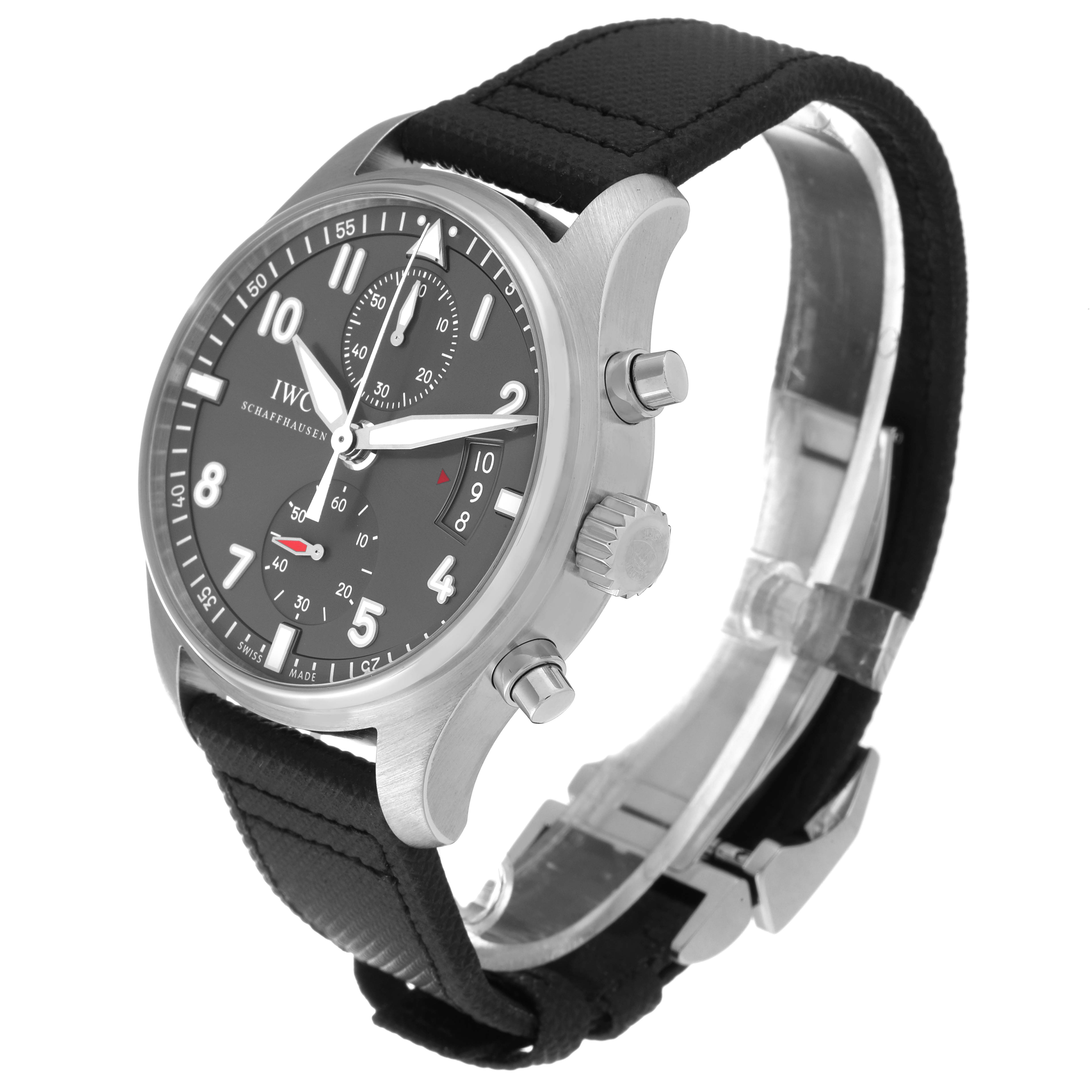 This image shows an angled view of the IWC Pilot IW387802 Men's Stainless Steel Grey Dial IW387802 Men's Stainless Steel Grey Dial model watch, highlighting its dial, bezel, crown, pushers, and strap.