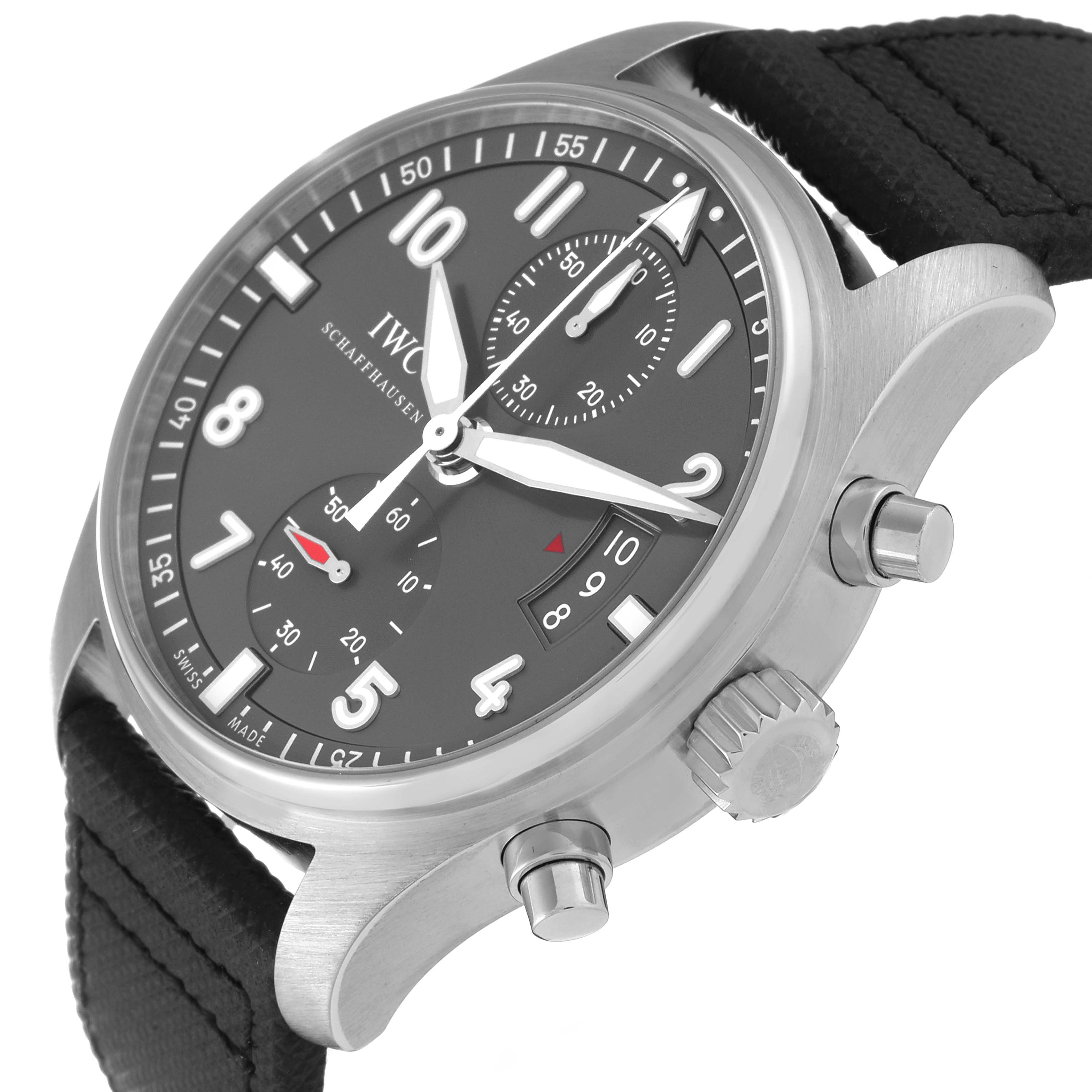 The IWC Pilot IW387802 Men's Stainless Steel Grey Dial IW387802 Men's Stainless Steel Grey Dial watch is shown at a slight angle, highlighting its dial, subdials, crown, pushers, and black strap.