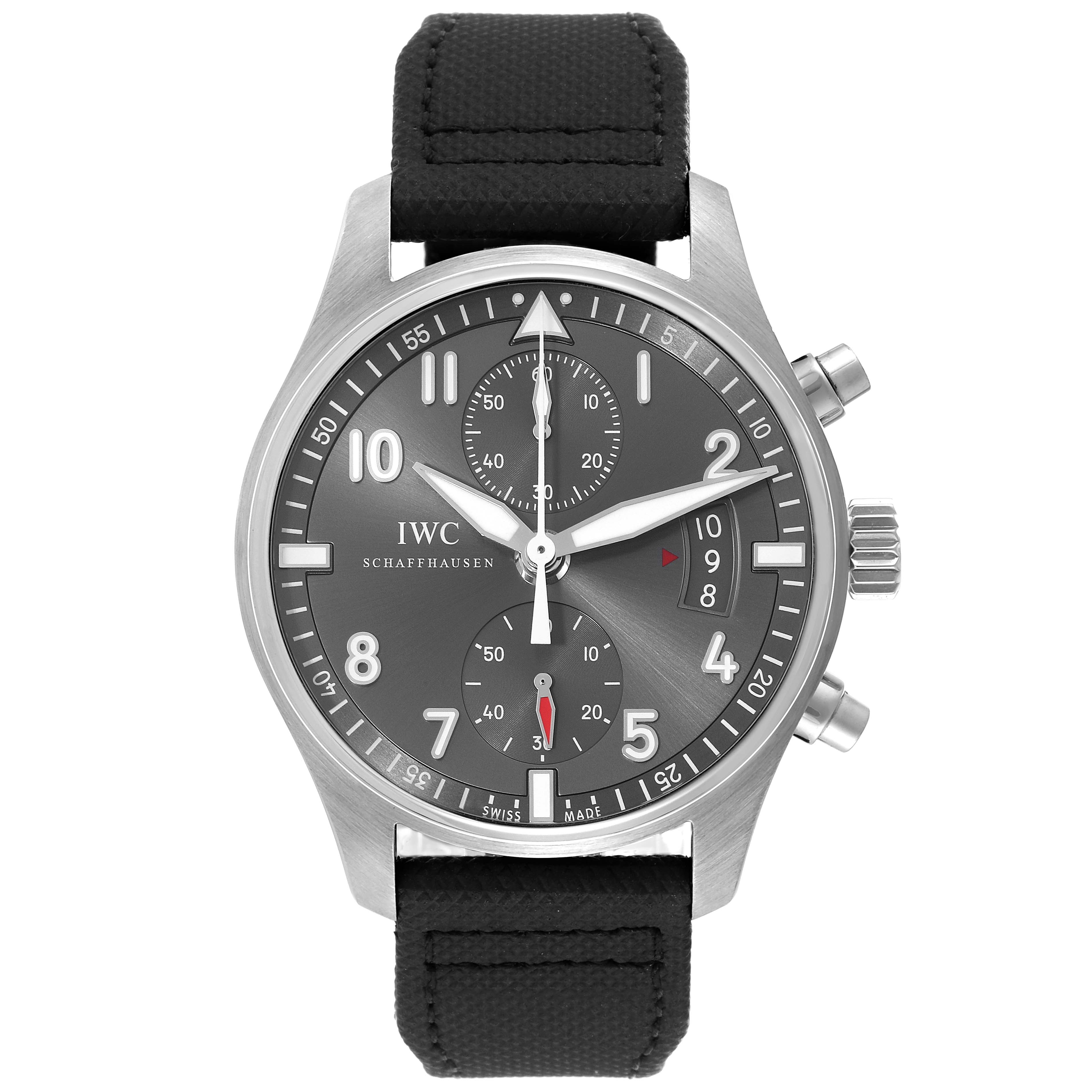 The image shows a frontal view of an IWC Pilot IW387802 Men's Stainless Steel Grey Dial IW387802 Men's Stainless Steel Grey Dial model watch, displaying the dial, hands, subdials, and strap.