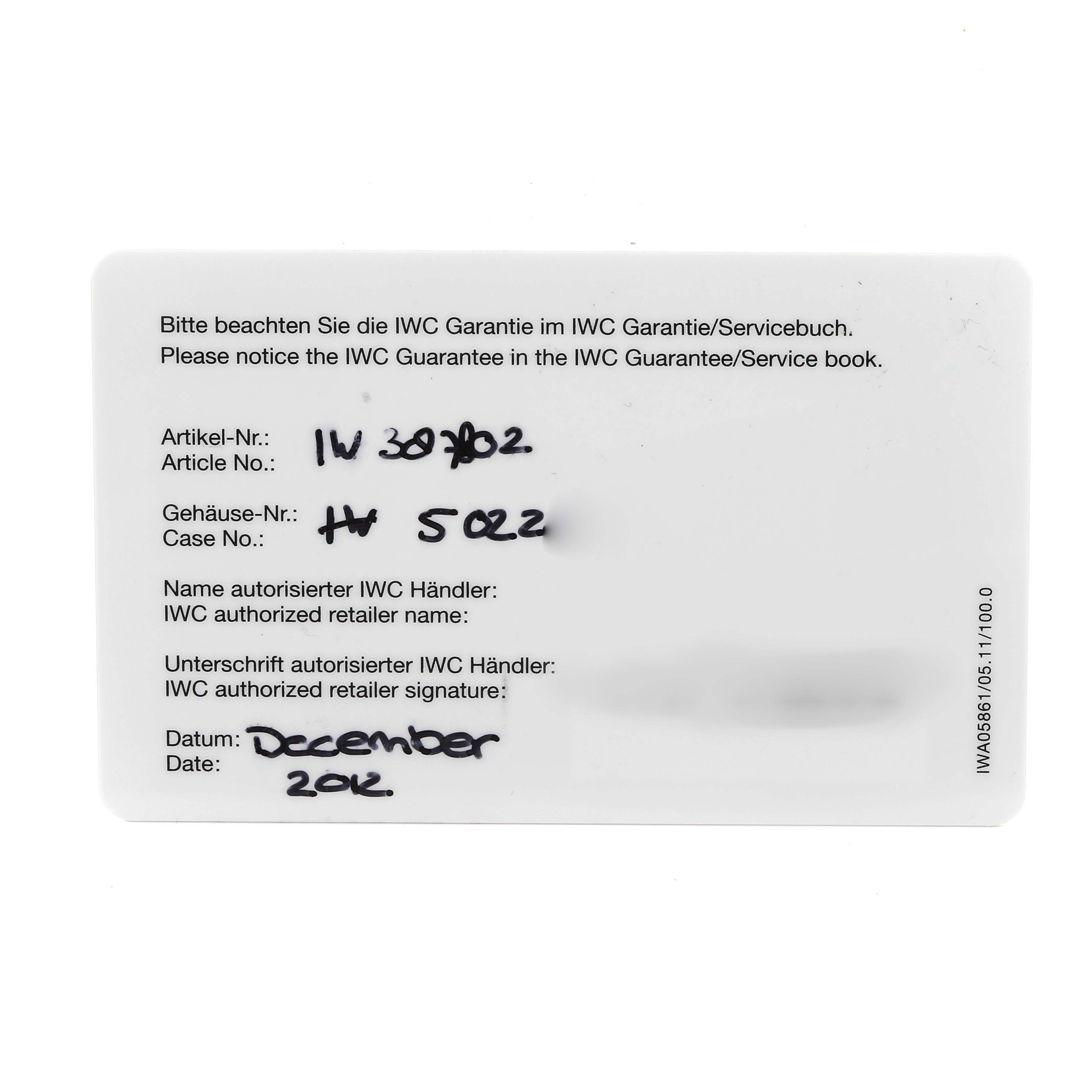 The image shows the warranty card for an IWC Pilot IW387802 Men's Stainless Steel Grey Dial IW387802 Men's Stainless Steel Grey Dial model watch, with hand-written article and case numbers.
