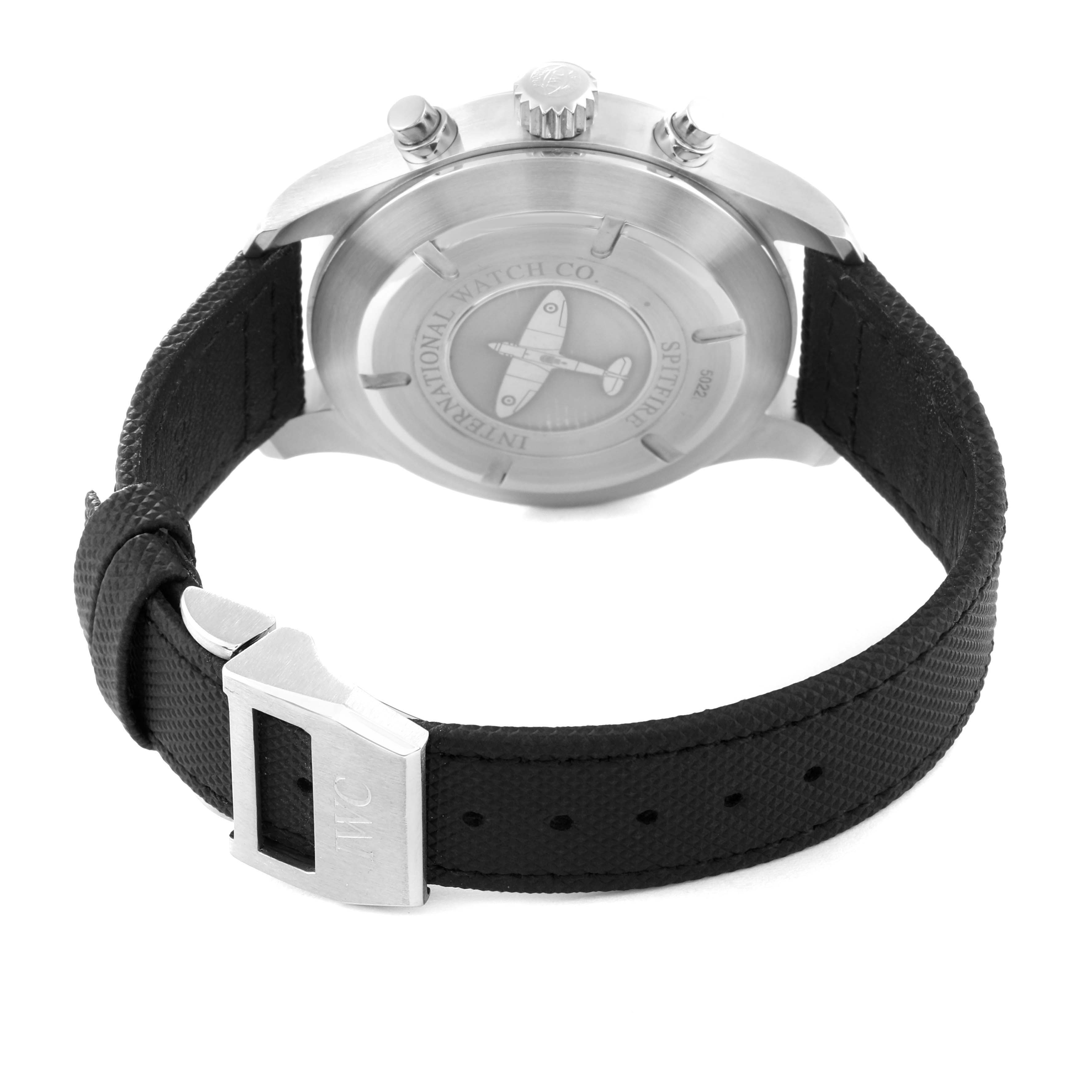 The image shows the back view of an IWC Pilot IW387802 Men's Stainless Steel Grey Dial IW387802 Men's Stainless Steel Grey Dial model watch, highlighting the caseback, crown, pushers, and strap with a buckle.