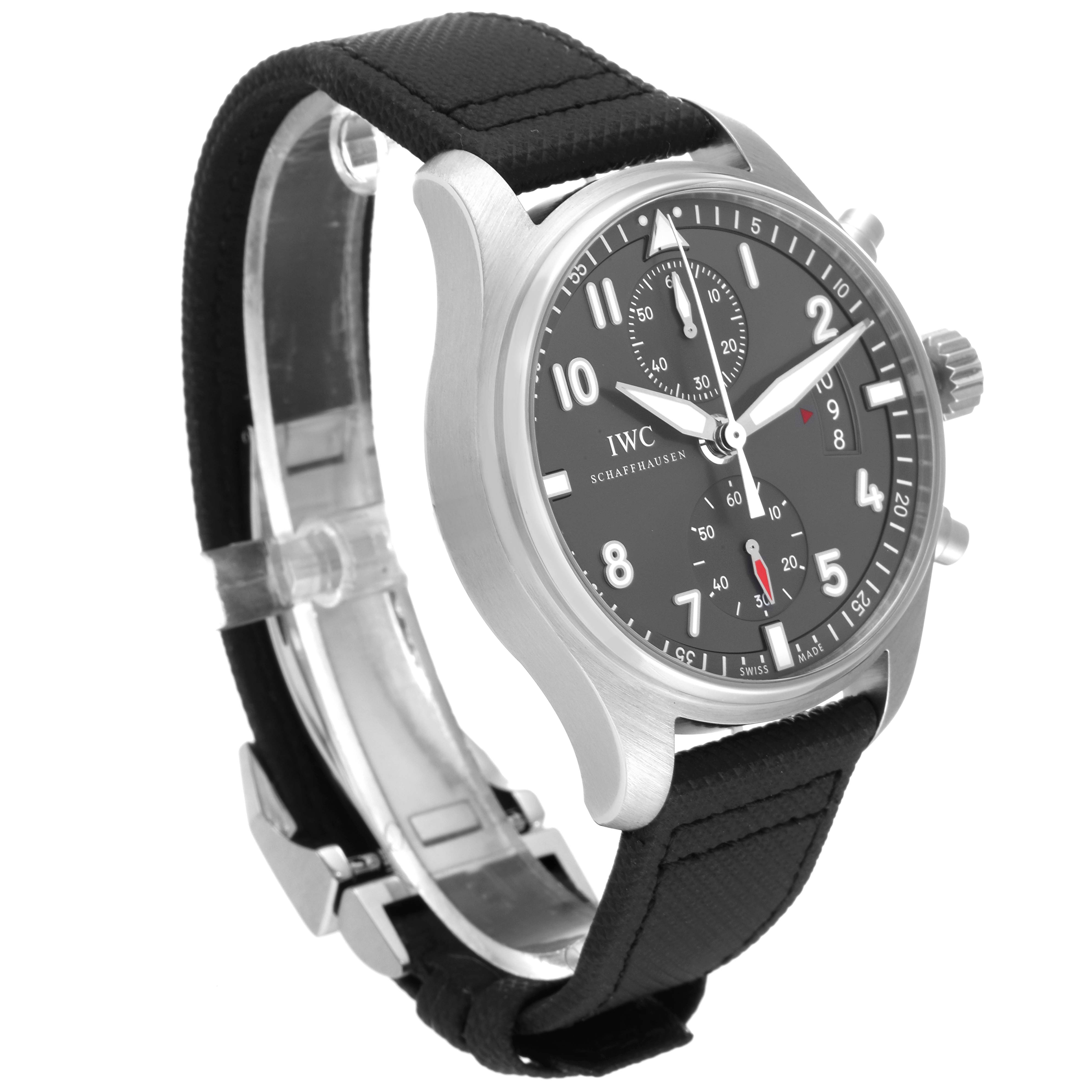 The image shows a side angle of the IWC Pilot IW387802 Men's Stainless Steel Grey Dial IW387802 Men's Stainless Steel Grey Dial model, highlighting the face, strap, and crown.