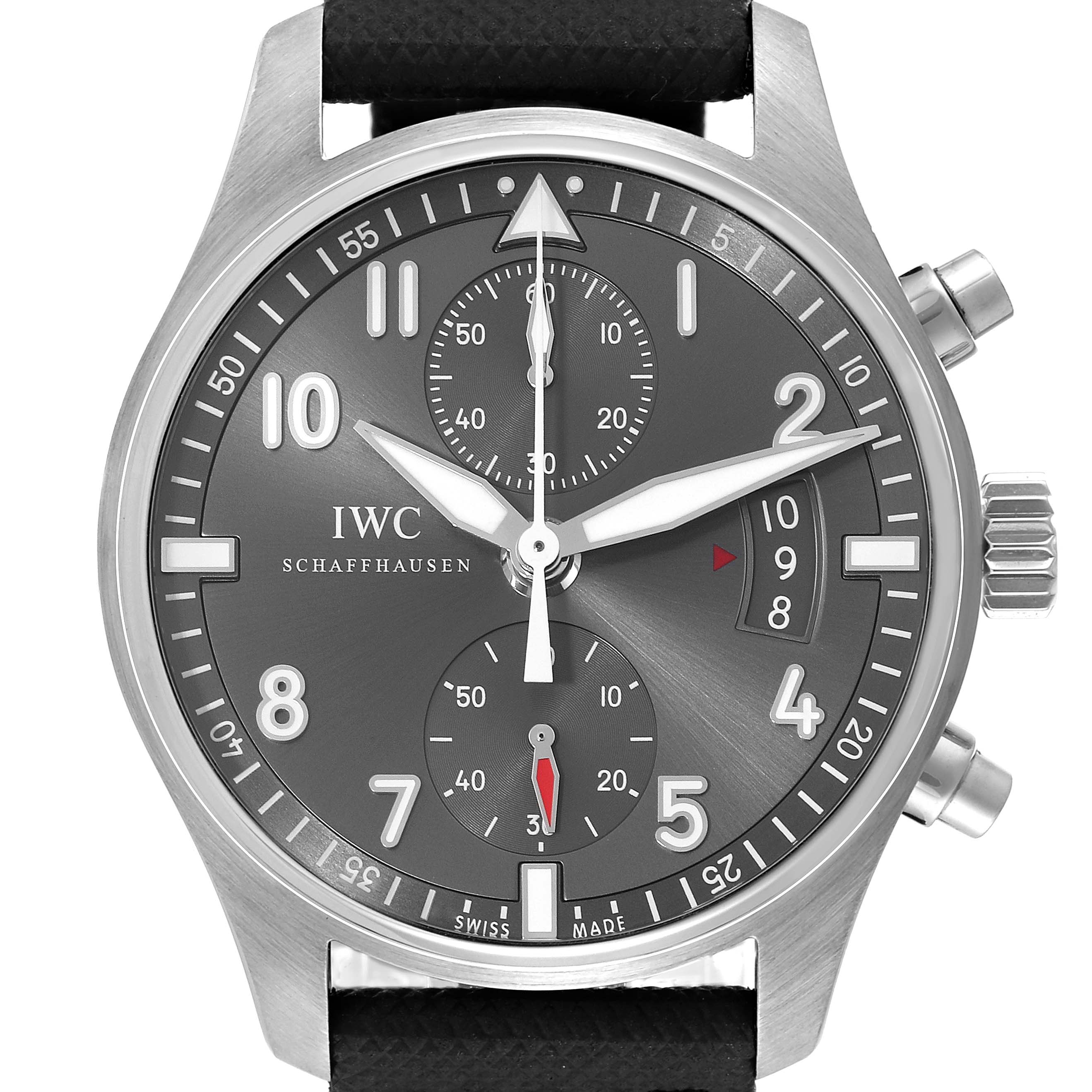 This is a frontal view of the IWC Pilot IW387802 Men's Stainless Steel Grey Dial IW387802 Men's Stainless Steel Grey Dial model watch, showing the dial, hands, sub-dials, and crown.