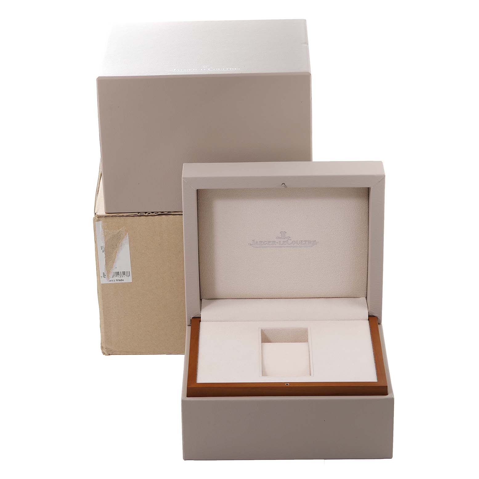 This image shows the packaging and presentation box for a Jaeger LeCoultre Reverso Q3732420 Men's Rose Gold Silver Dial Q3732420 Men's Rose Gold Silver Dial model watch.