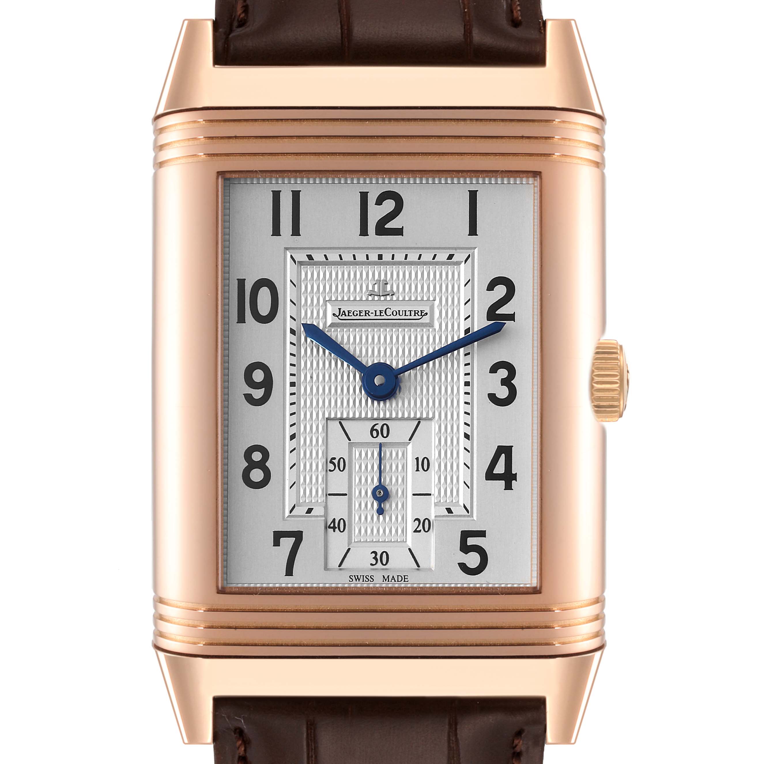 The Jaeger LeCoultre Reverso Q3732420 Men's Rose Gold Silver Dial Q3732420 Men's Rose Gold Silver Dial watch is shown from the front, displaying its rectangular dial, hour markers, and blue hands.
