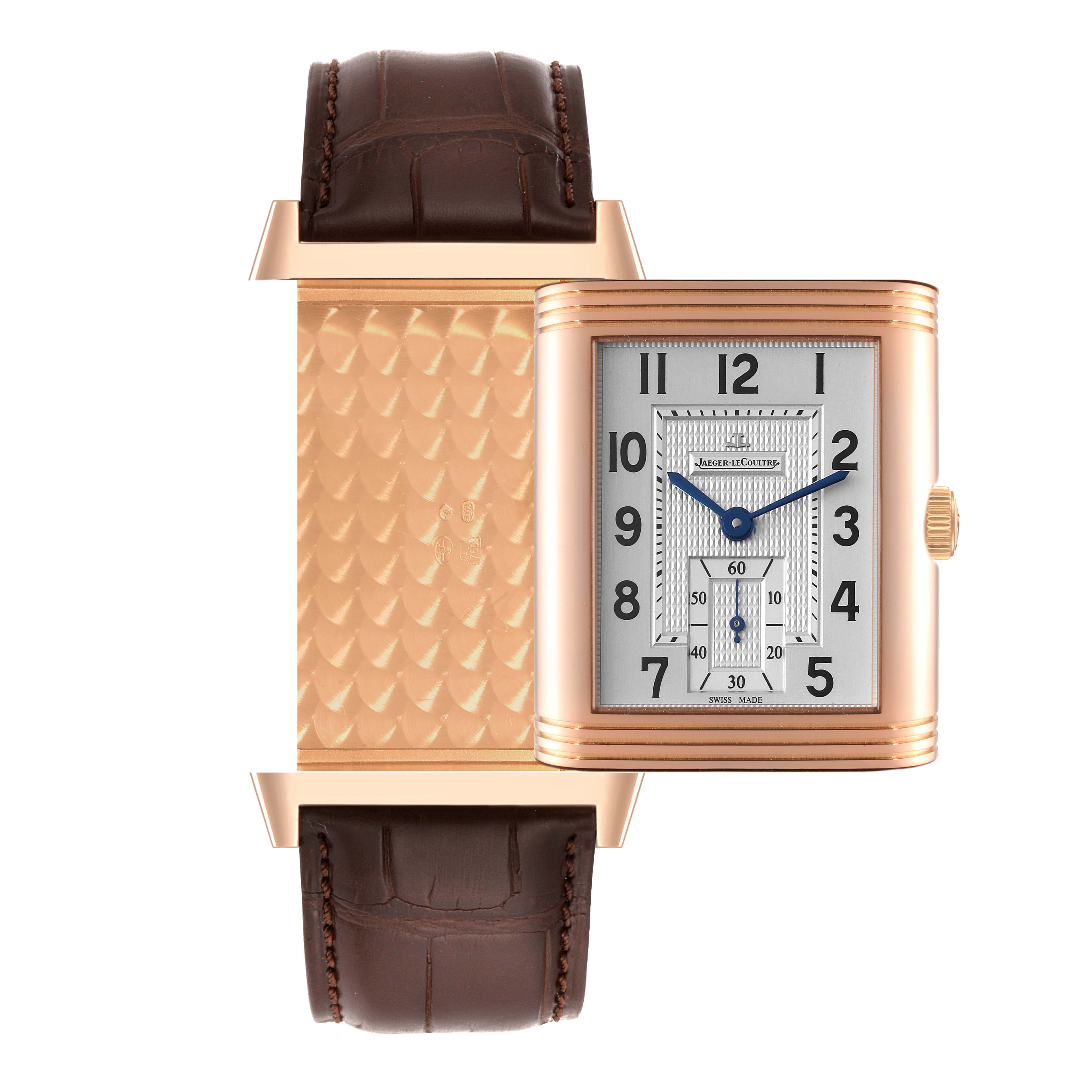 The image displays a Jaeger LeCoultre Reverso Q3732420 Men's Rose Gold Silver Dial Q3732420 Men's Rose Gold Silver Dial watch face and the intricately patterned back, with a brown leather strap.