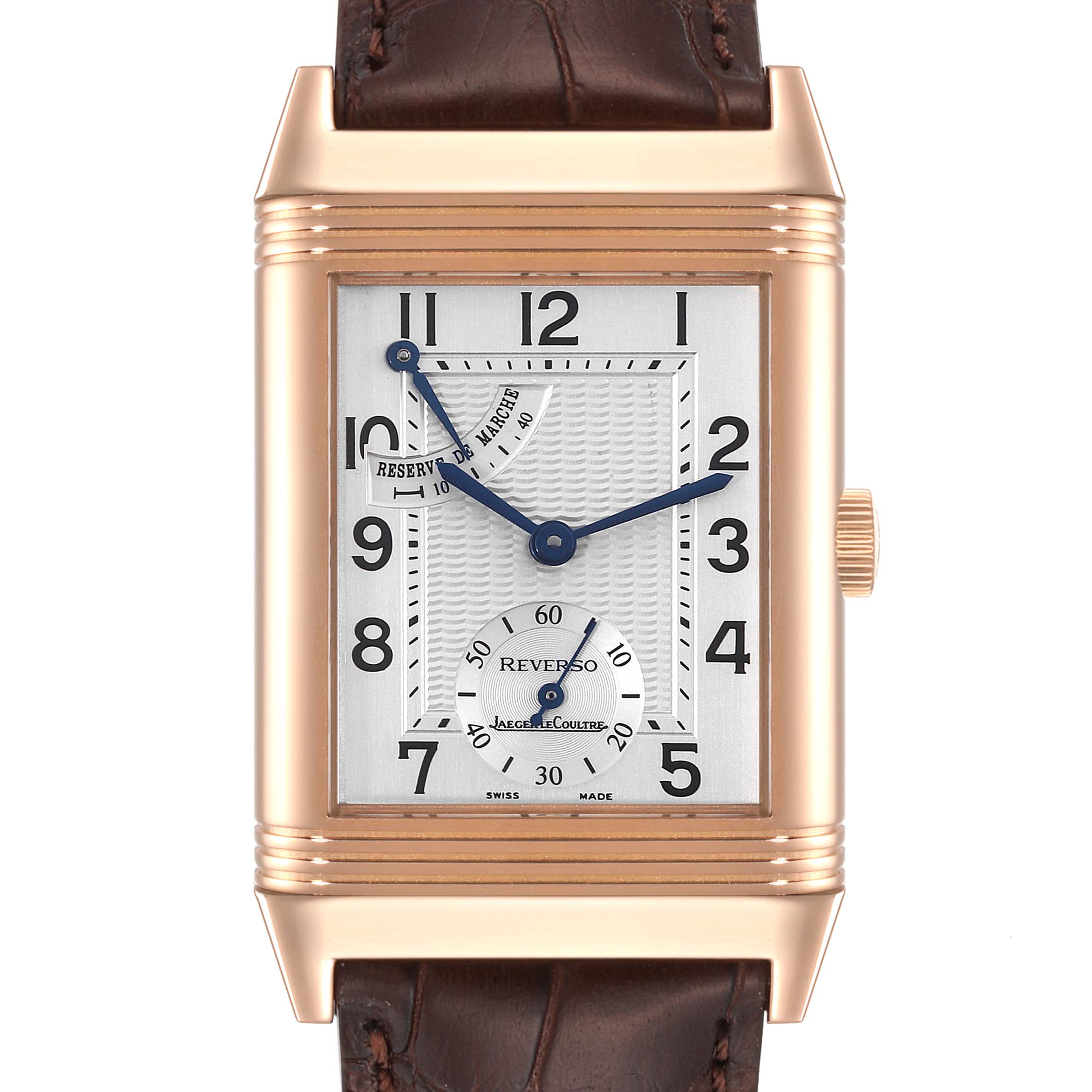 This image shows a front-facing view of the Jaeger LeCoultre Reverso Q2702420 Men
s Rose Gold Silver Dial Q2702420 Men
s Rose Gold Silver Dial watch, highlighting the dial, case, and brown leather strap.