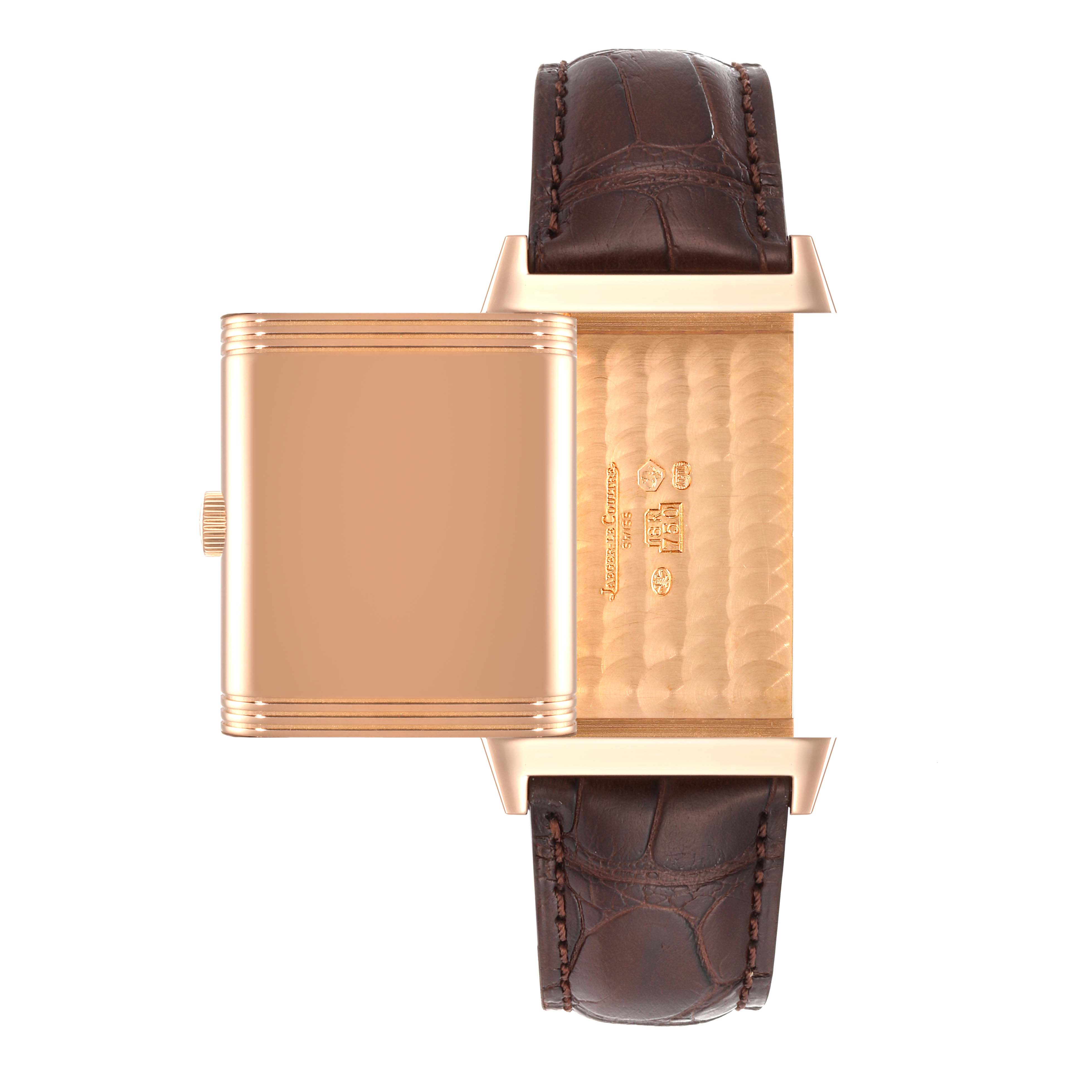 The image shows the back and side of a Jaeger-LeCoultre Reverso watch, highlighting its case and brown leather strap.