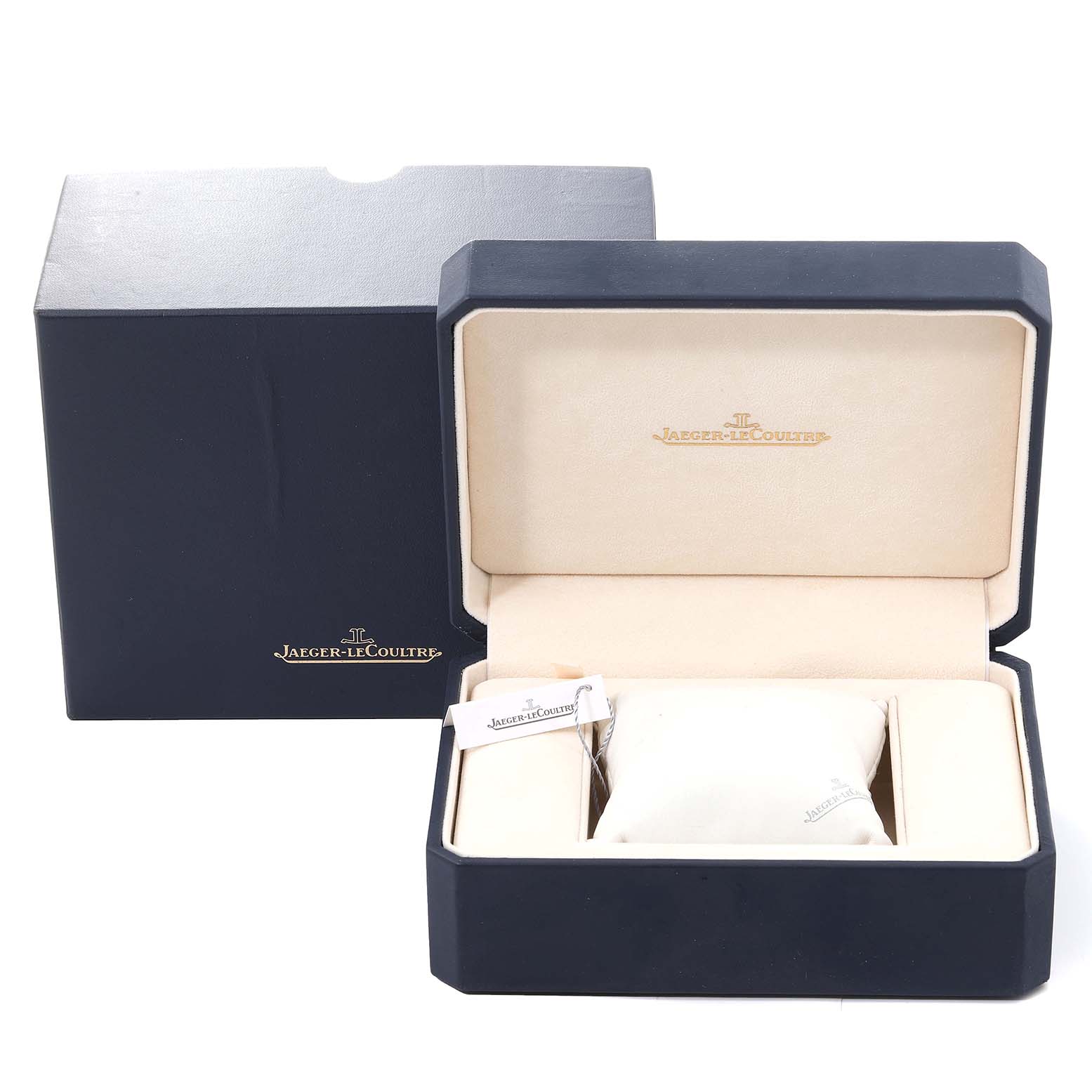 The image shows an open box and outer case for the Jaeger LeCoultre Reverso Q2702420 Men
s Rose Gold Silver Dial Q2702420 Men
s Rose Gold Silver Dial model watch, highlighting the packaging.