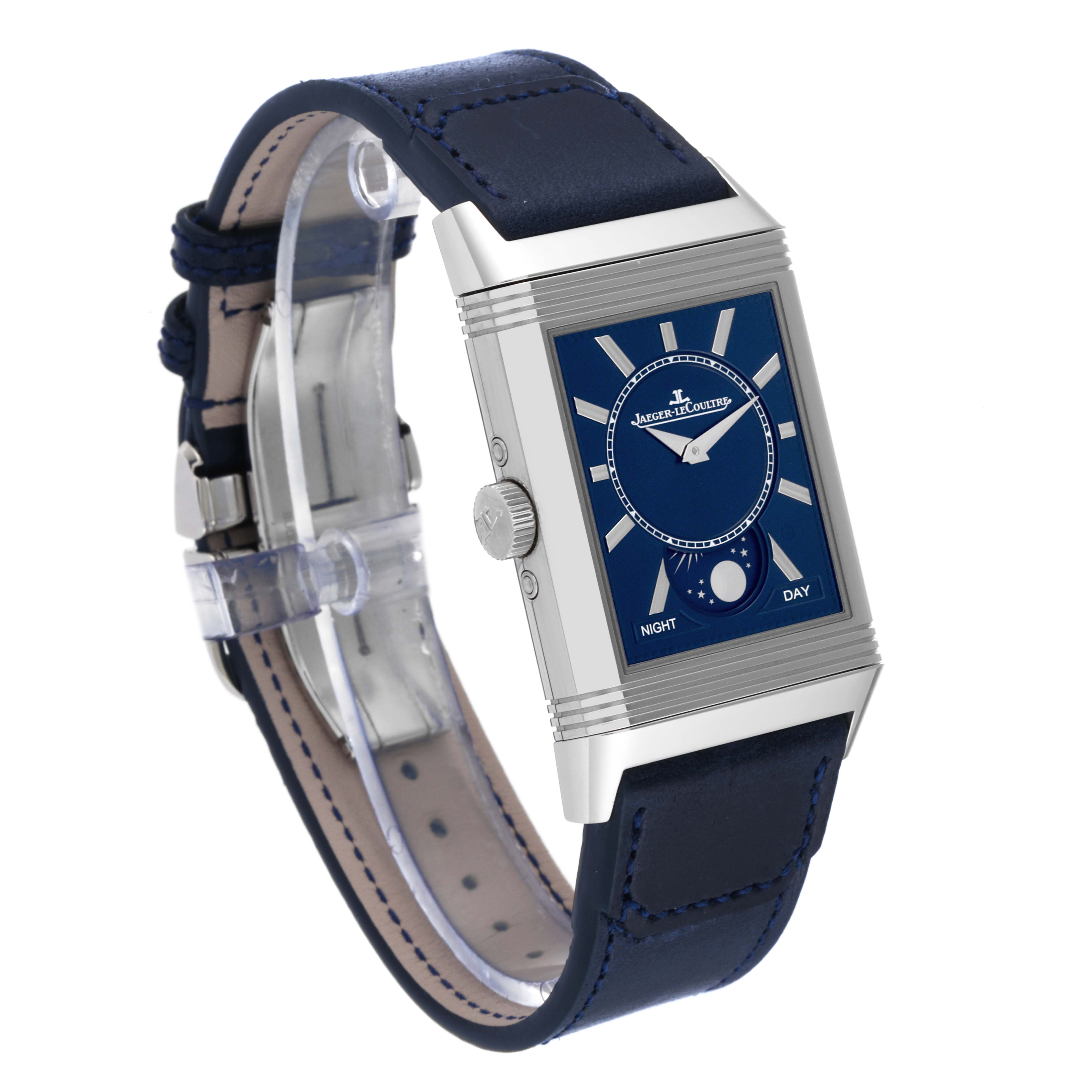 The image shows a side view of a Jaeger LeCoultre Reverso Q3918420 Men
s Stainless Steel Silver Dial Q3918420 Men
s Stainless Steel Silver Dial watch, highlighting the face, strap, and crown.