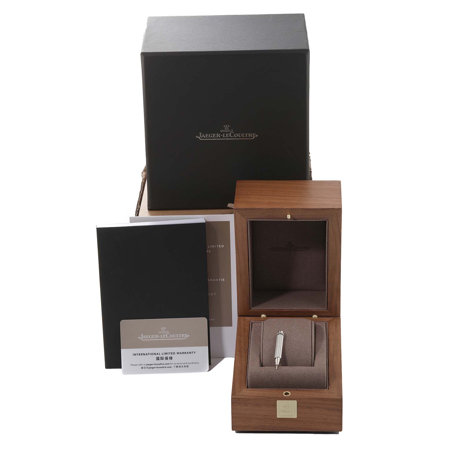 The image shows the packaging and presentation box for a Jaeger LeCoultre Reverso Q3918420 Men
s Stainless Steel Silver Dial Q3918420 Men
s Stainless Steel Silver Dial watch, including manuals and warranty card.
