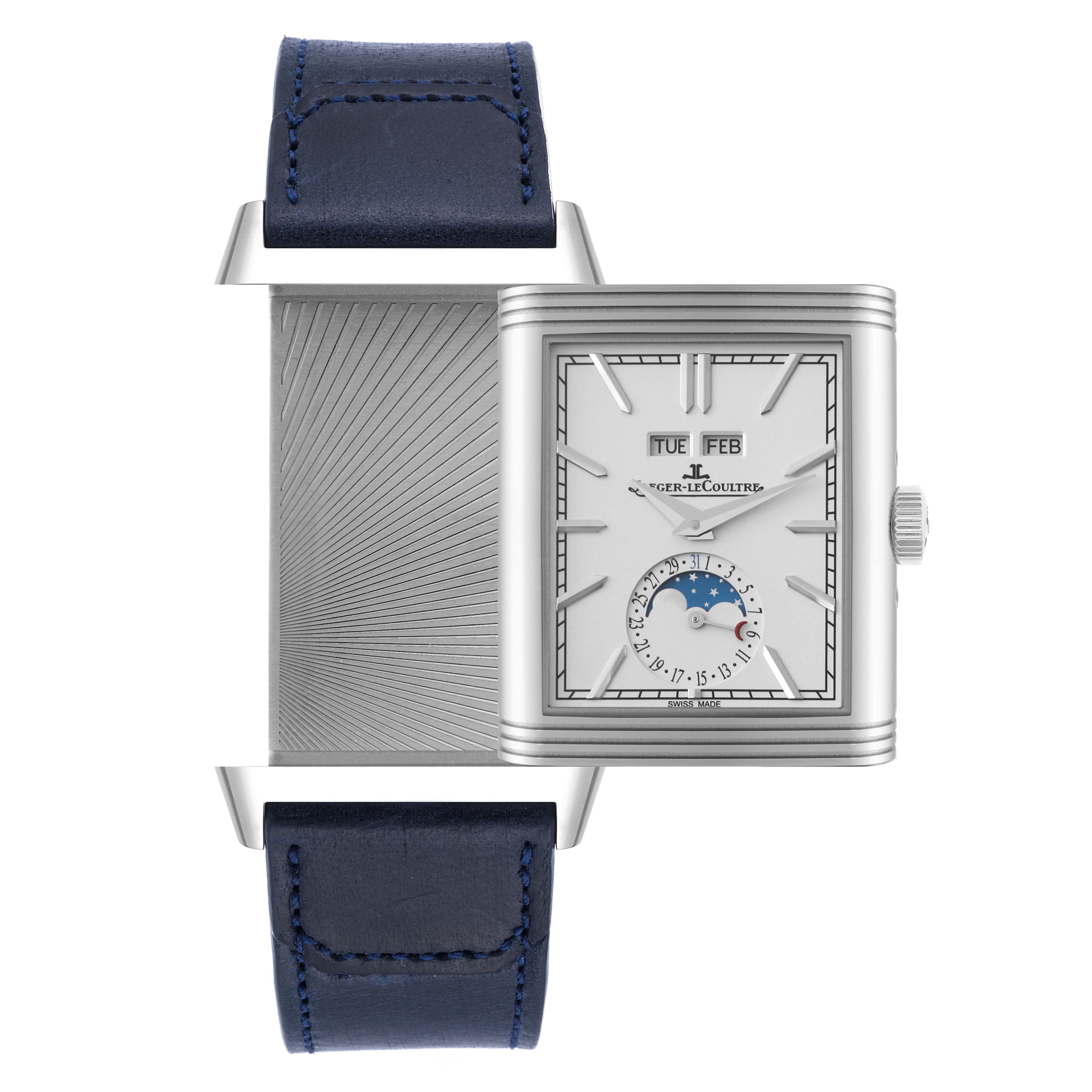 The Jaeger LeCoultre Reverso Q3918420 Men
s Stainless Steel Silver Dial Q3918420 Men
s Stainless Steel Silver Dial model watch is shown with its classic flip-over case, revealing both the watch face and caseback.
