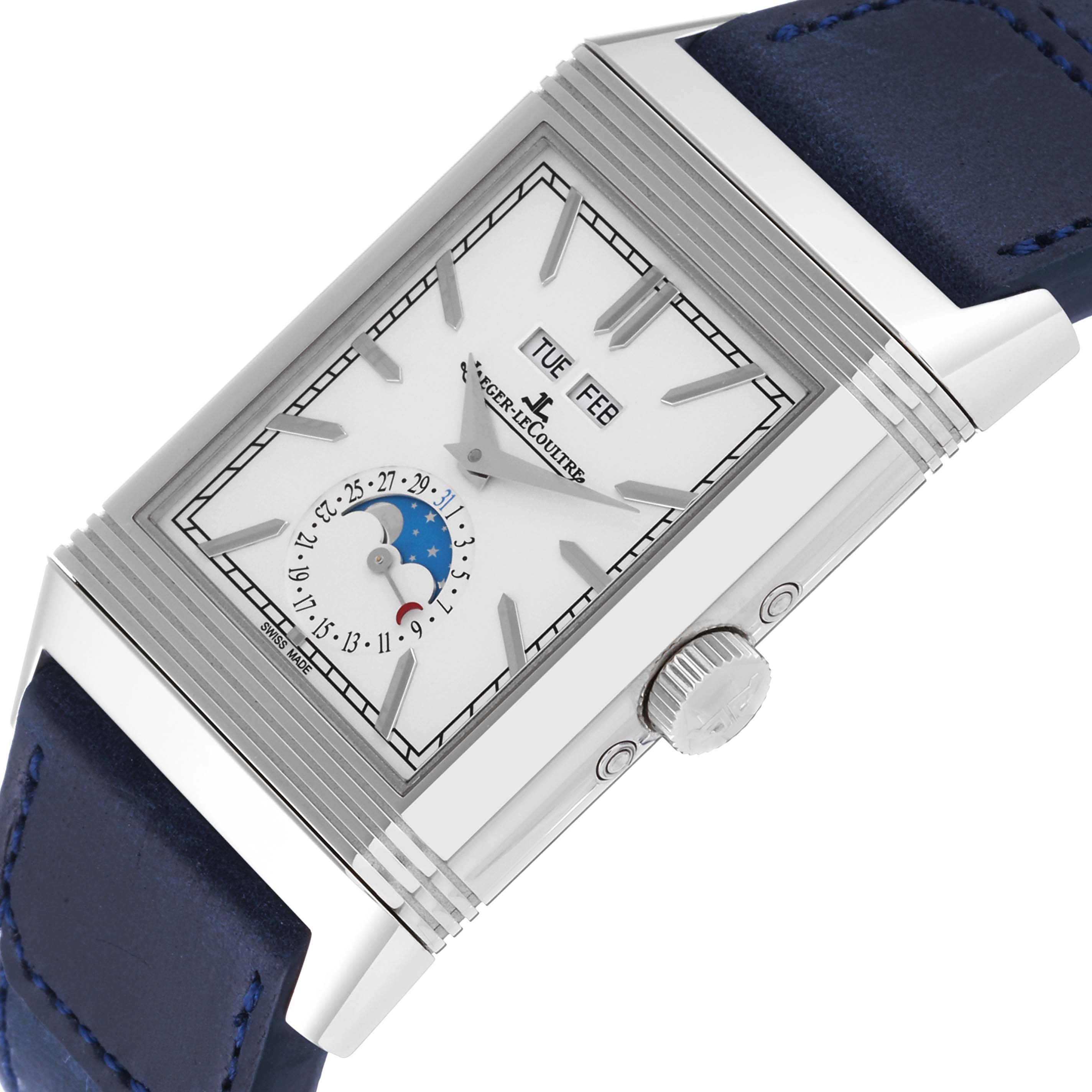 The image shows a Jaeger LeCoultre Reverso Q3918420 Men
s Stainless Steel Silver Dial Q3918420 Men
s Stainless Steel Silver Dial model watch angled from the side, highlighting the dial, crown, and strap.