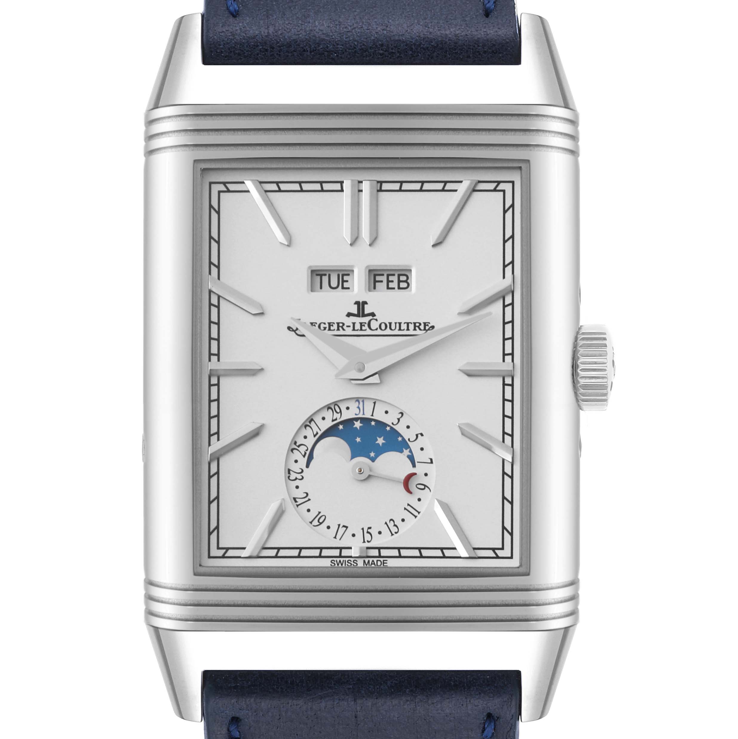 The Jaeger-LeCoultre Reverso watch is shown from the front angle, displaying the dial, date, moonphase, and day markers.