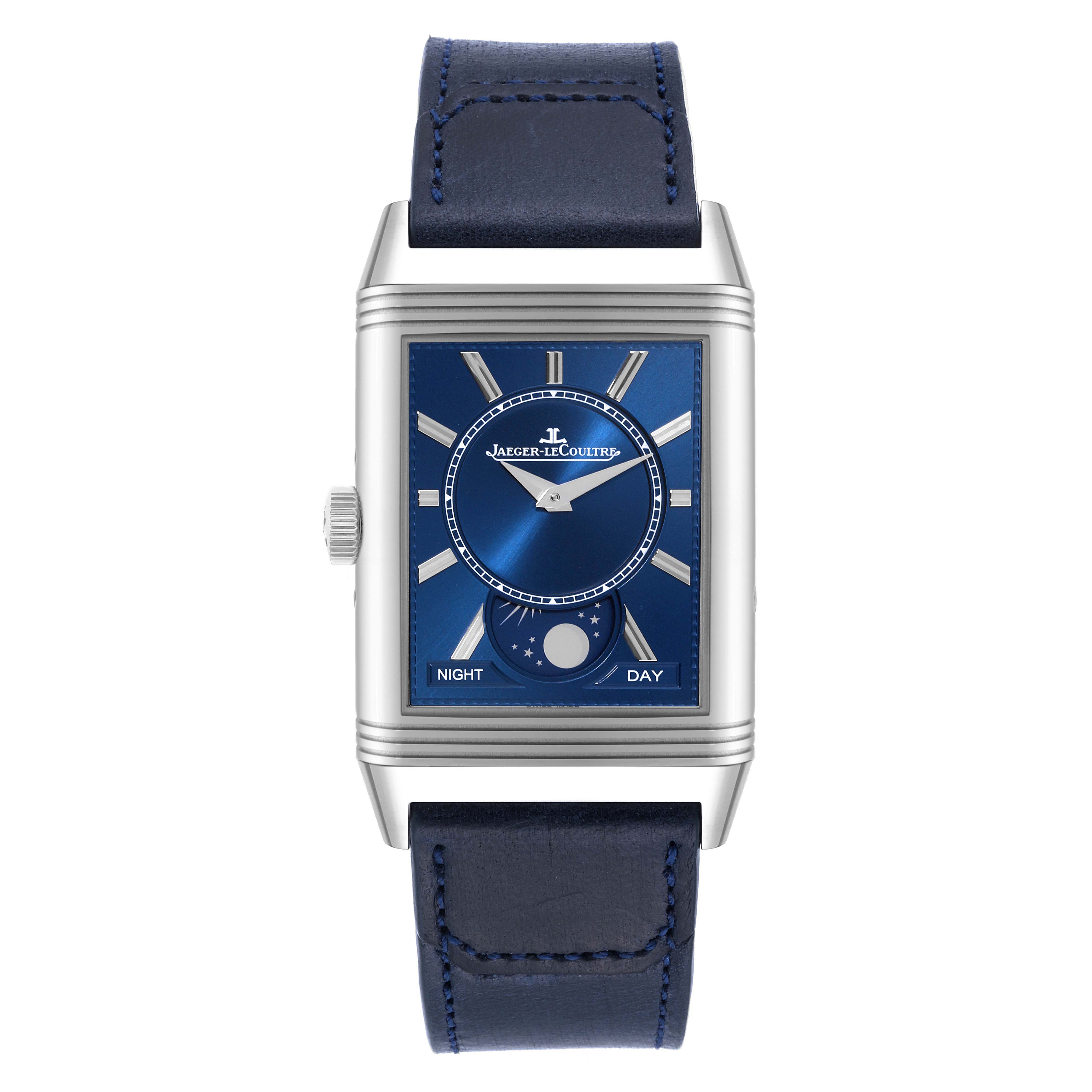 The image shows a frontal view of a Jaeger LeCoultre Reverso Q3918420 Men
s Stainless Steel Silver Dial Q3918420 Men
s Stainless Steel Silver Dial watch, highlighting the blue dial, case, and blue leather strap.