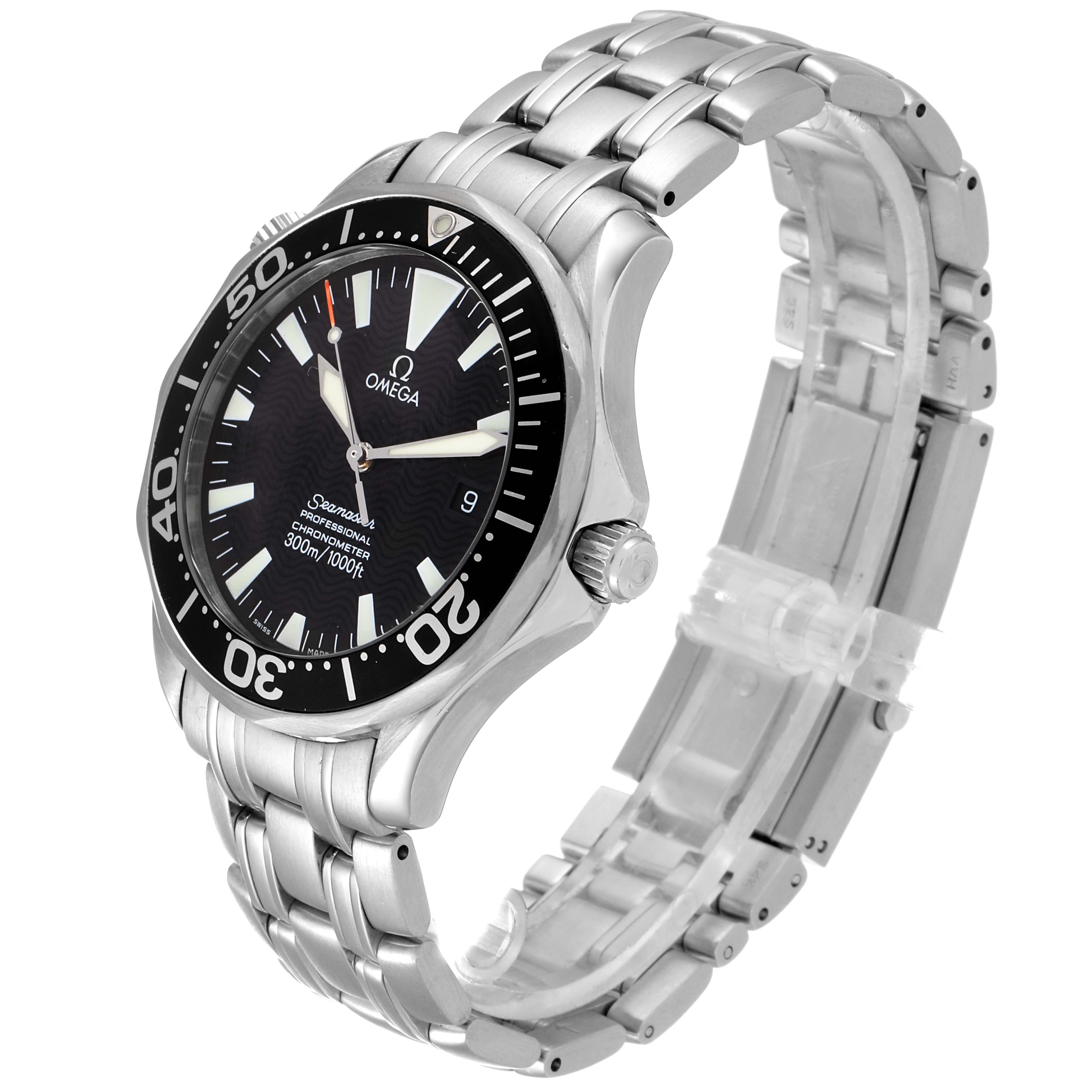 This Omega Seamaster 2254.50.00 Men
s Stainless Steel Black Dial 2254.50.00 Men
s Stainless Steel Black Dial watch is shown at a 3/4 angle, displaying its face, bezel, crown, and stainless steel bracelet.