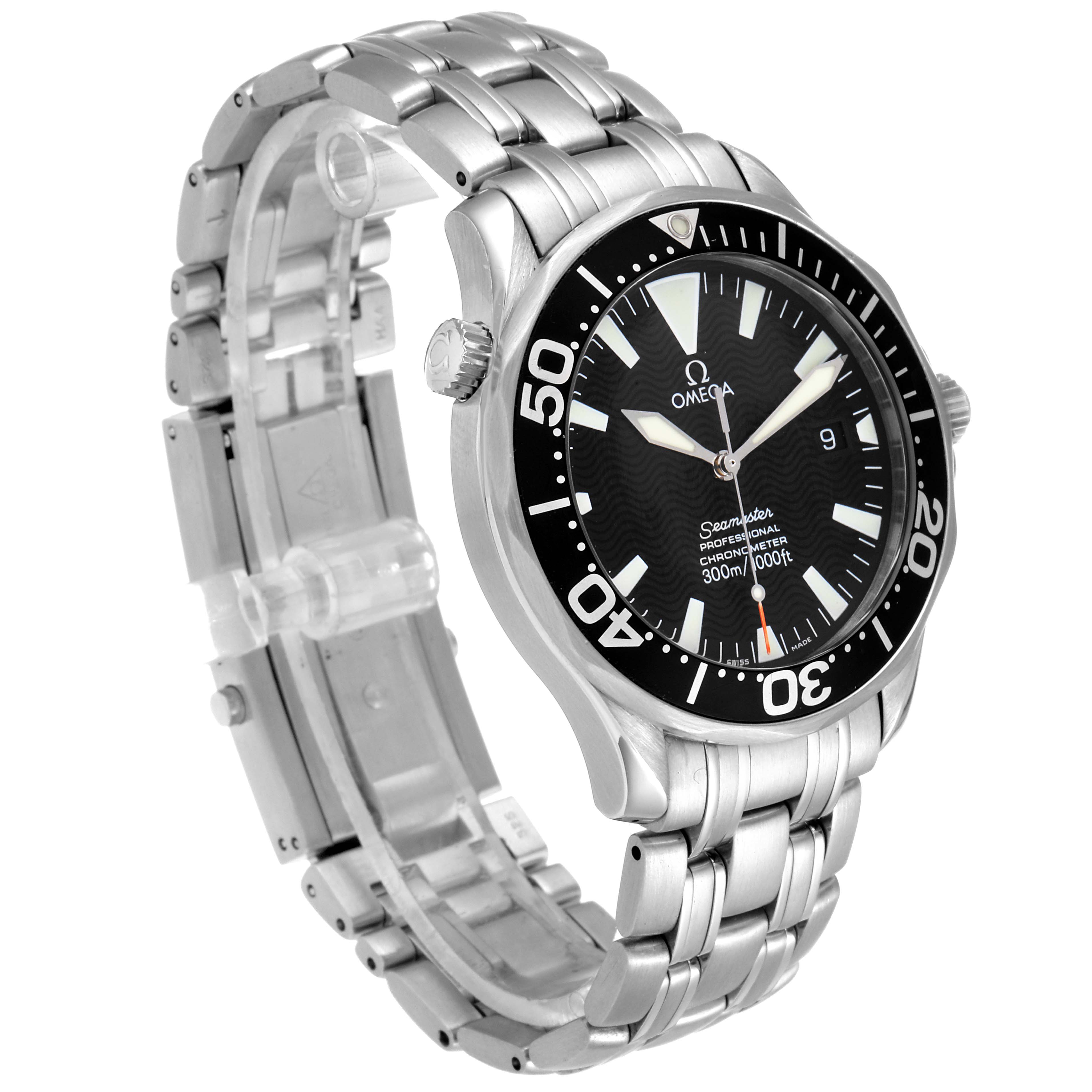 The Omega Seamaster 2254.50.00 Men
s Stainless Steel Black Dial 2254.50.00 Men
s Stainless Steel Black Dial watch is shown at a three-quarter angle, displaying the dial, bezel, crown, and stainless steel bracelet.