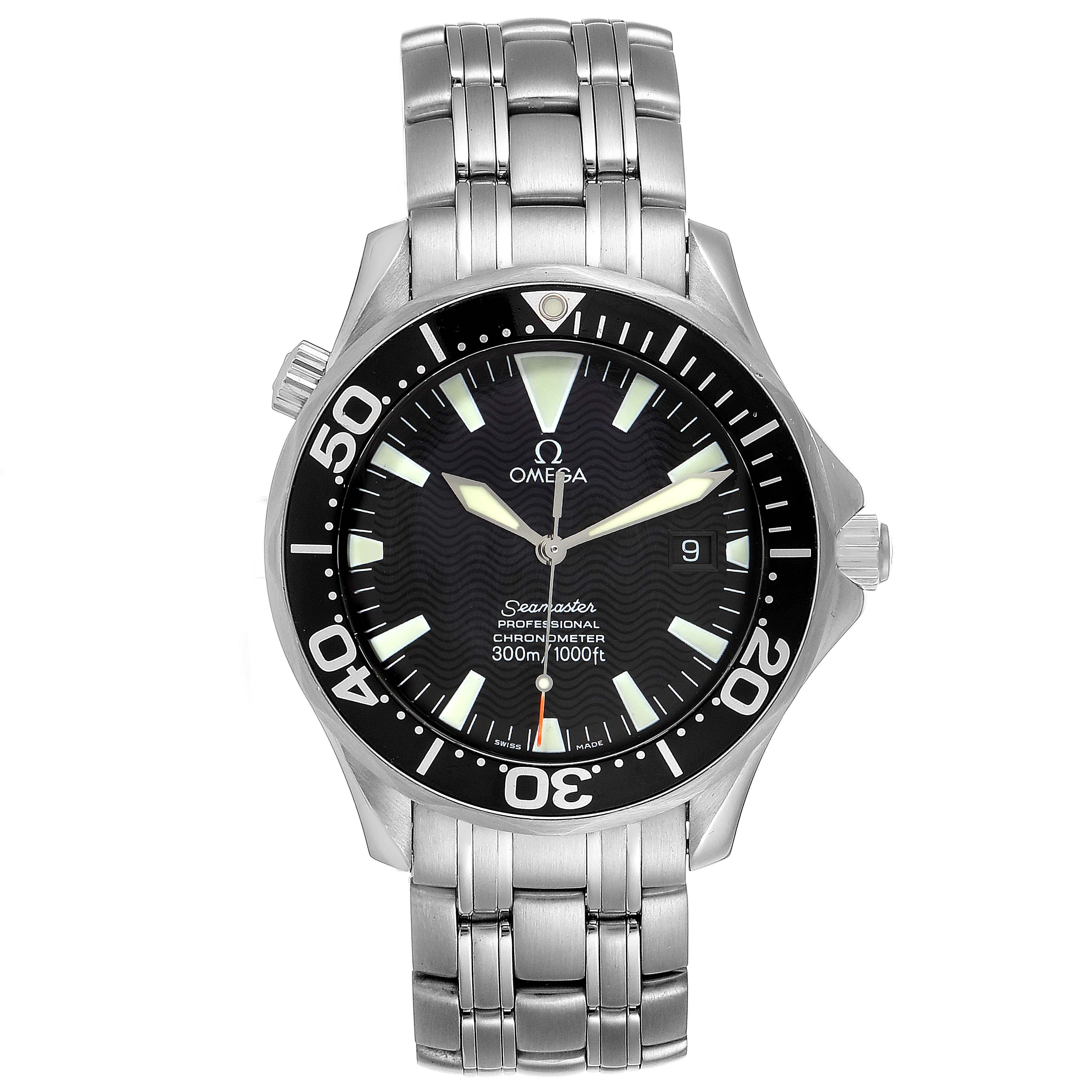 This image shows a front view of the Omega Seamaster 2254.50.00 Men
s Stainless Steel Black Dial 2254.50.00 Men
s Stainless Steel Black Dial watch, including its face, bezel, and bracelet.