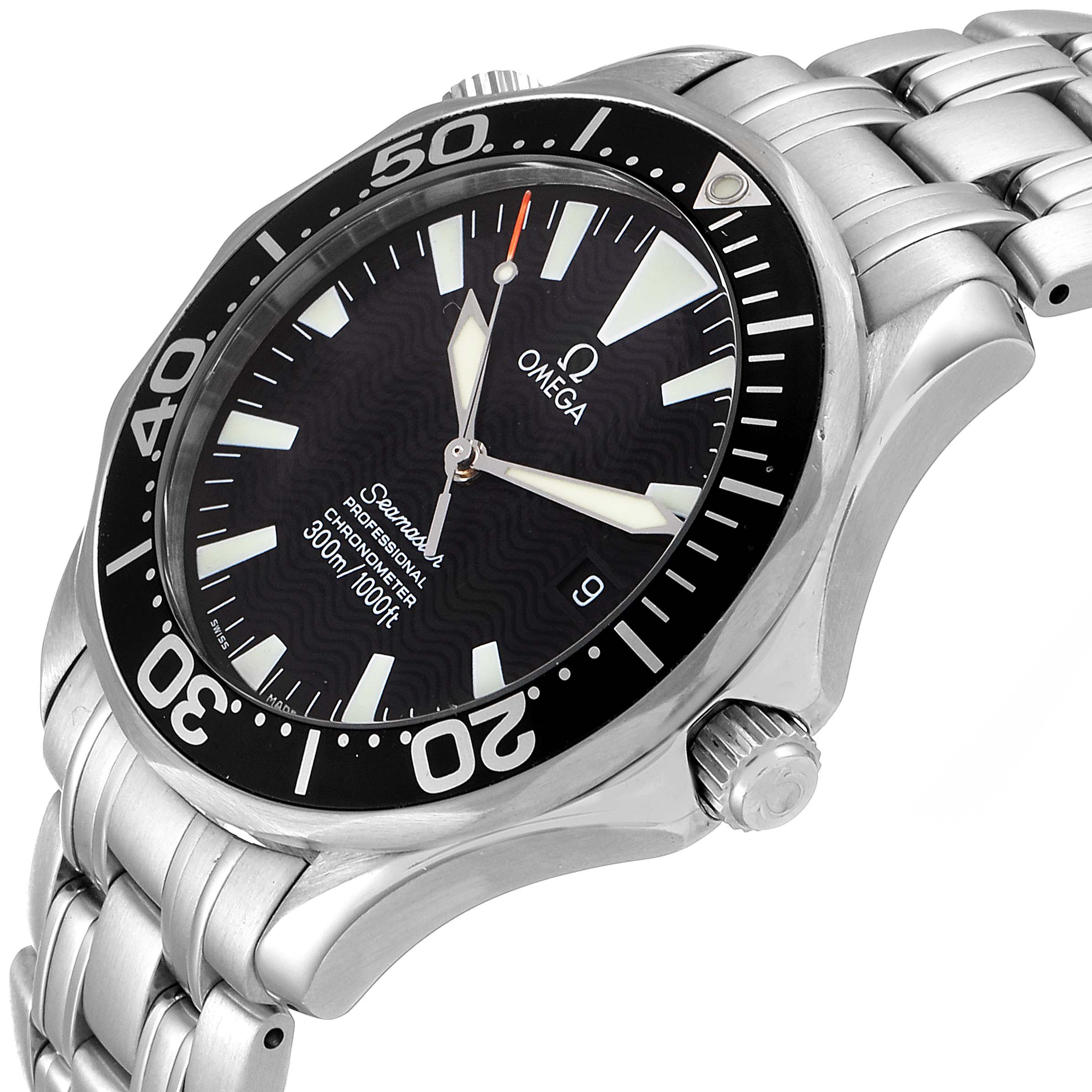 The image shows an angled side view of an Omega Seamaster 2254.50.00 Men
s Stainless Steel Black Dial 2254.50.00 Men
s Stainless Steel Black Dial watch, highlighting its face, bezel, and metal bracelet.