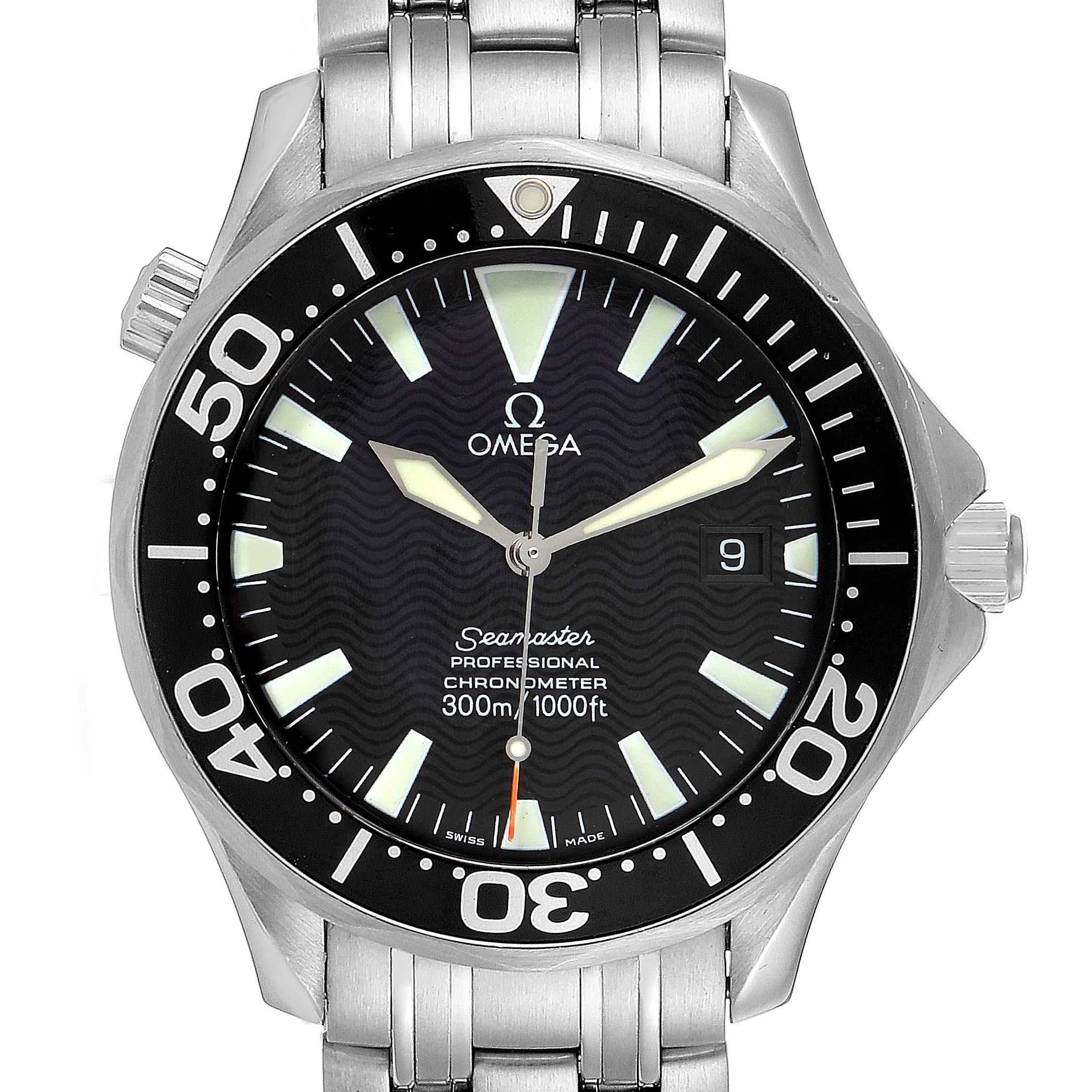The image shows the front view of the Omega Seamaster 2254.50.00 Men
s Stainless Steel Black Dial 2254.50.00 Men
s Stainless Steel Black Dial watch, highlighting the dial, bezel, and part of the bracelet.