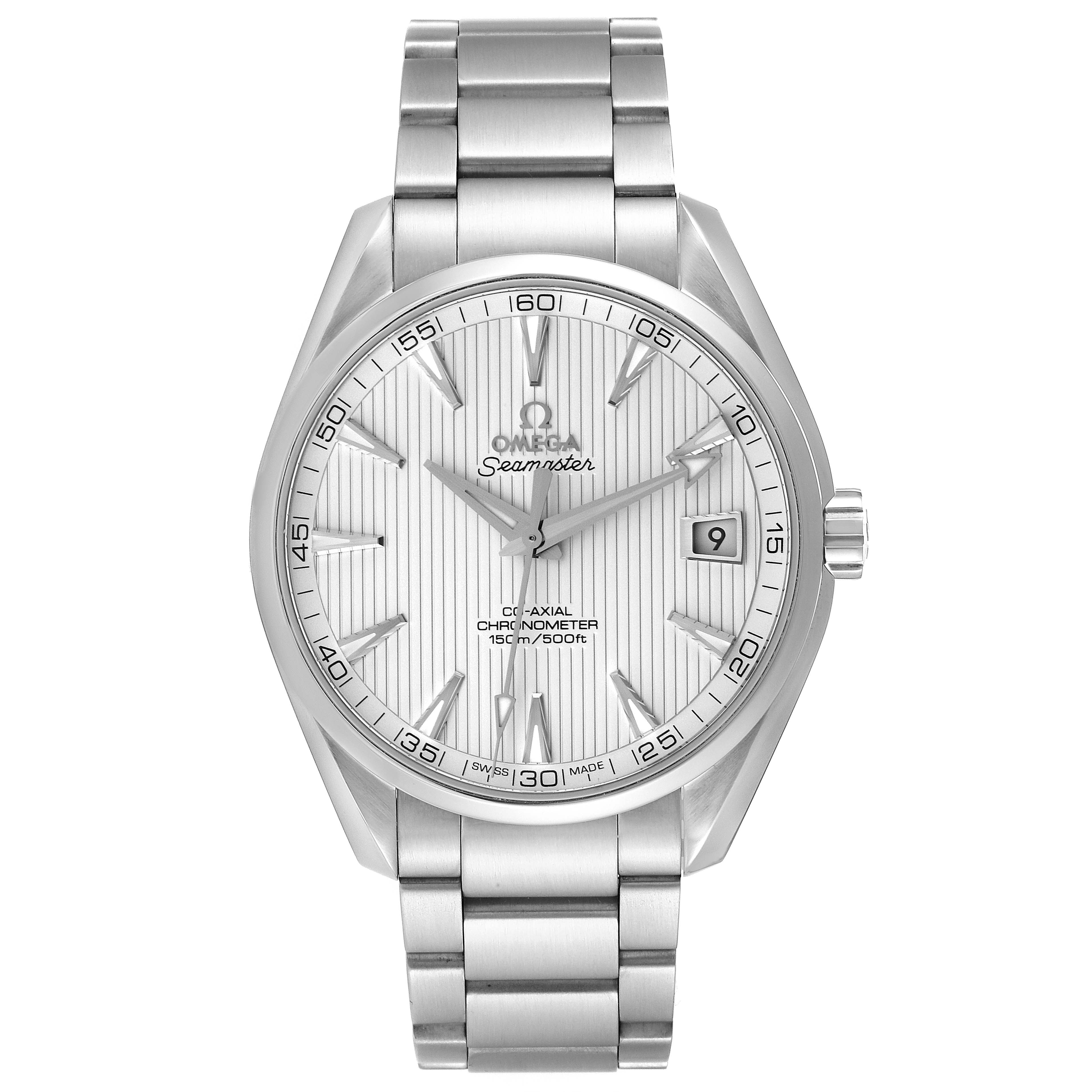 This image shows a frontal view of the Omega Aqua Terra 231.10.42.21.02.001 Men
s Stainless Steel Silver Dial 231.10.42.21.02.001 Men
s Stainless Steel Silver Dial watch, displaying the dial, hands, case, and bracelet.