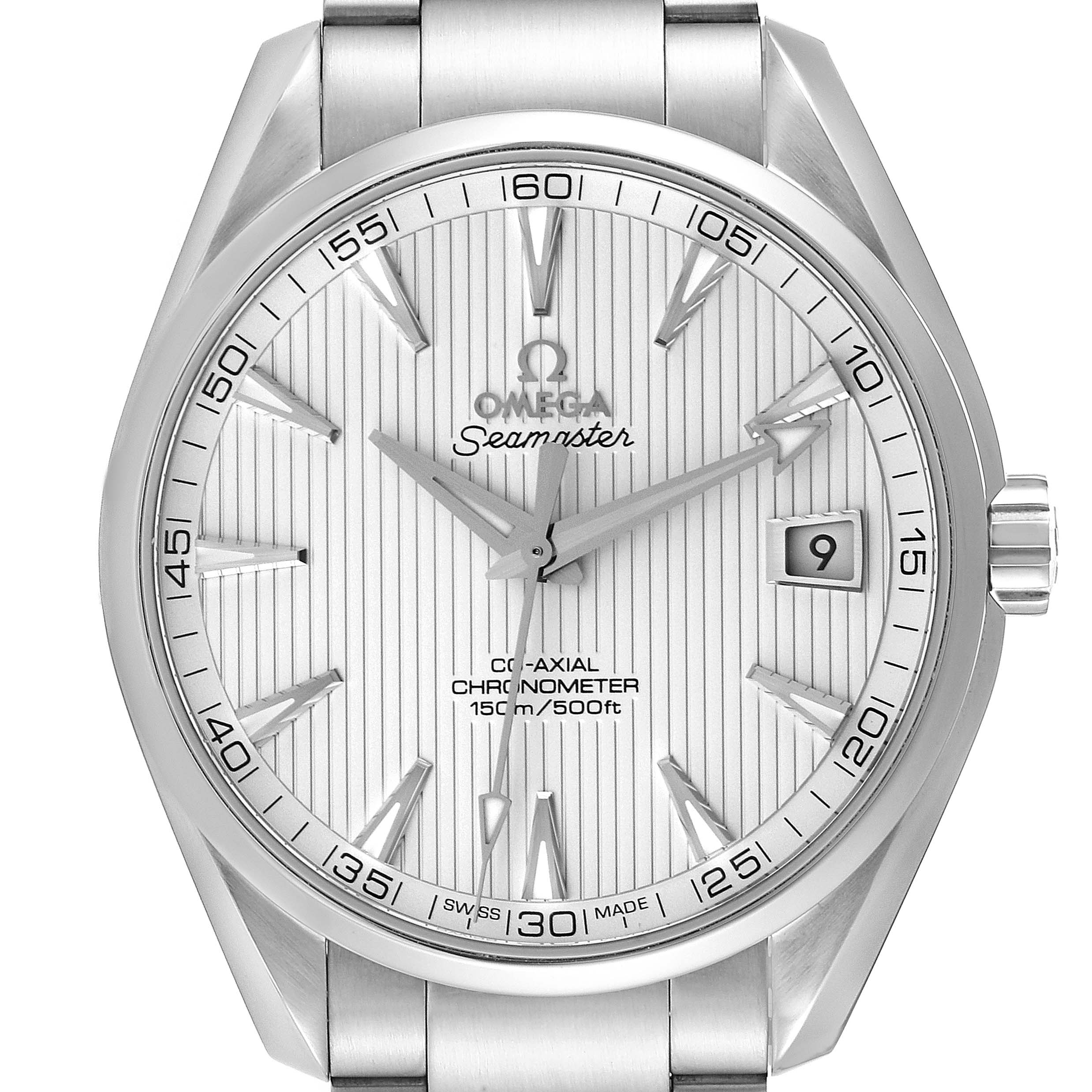The image shows a front view of the Omega Aqua Terra 231.10.42.21.02.001 Men
s Stainless Steel Silver Dial 231.10.42.21.02.001 Men
s Stainless Steel Silver Dial watch, displaying the dial, hands, and date window.