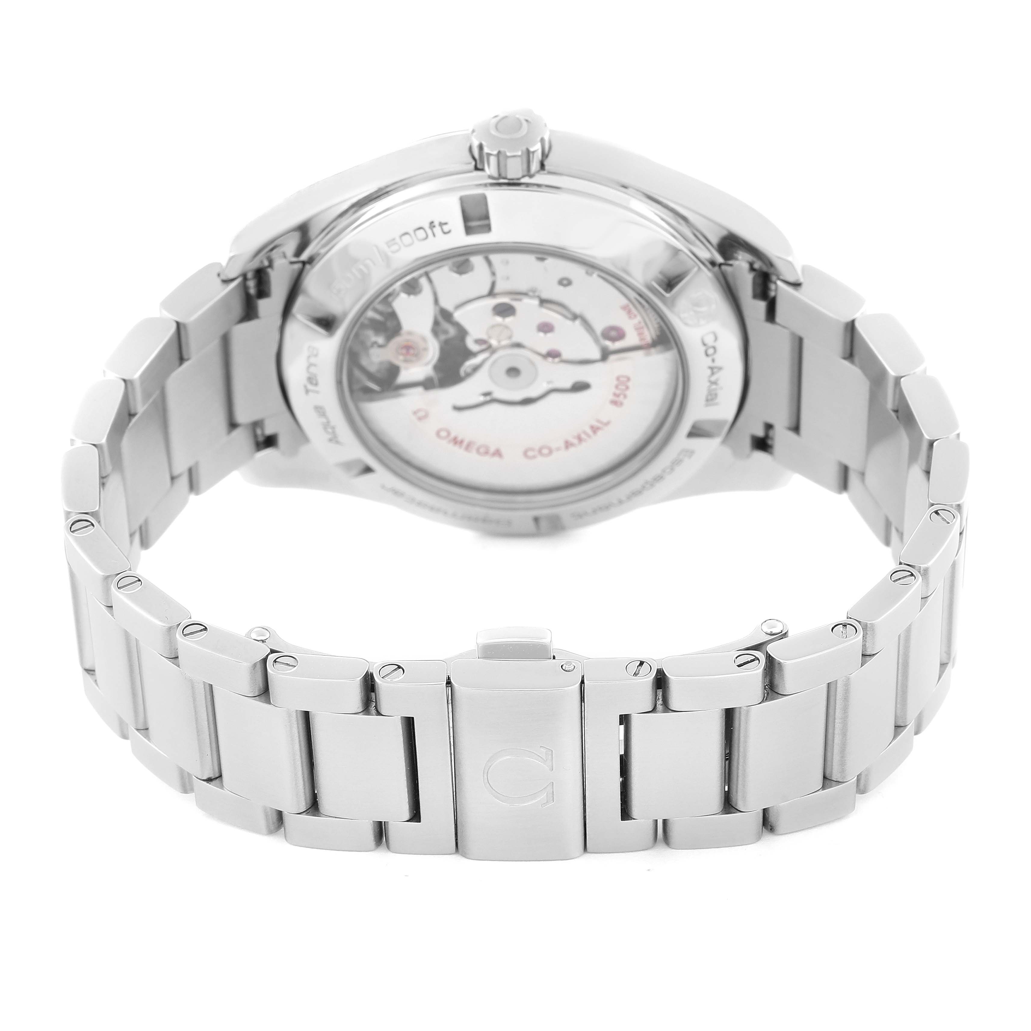 The image shows the back case and bracelet of the Omega Aqua Terra 231.10.42.21.02.001 Men
s Stainless Steel Silver Dial 231.10.42.21.02.001 Men
s Stainless Steel Silver Dial watch, highlighting the movement and clasp.