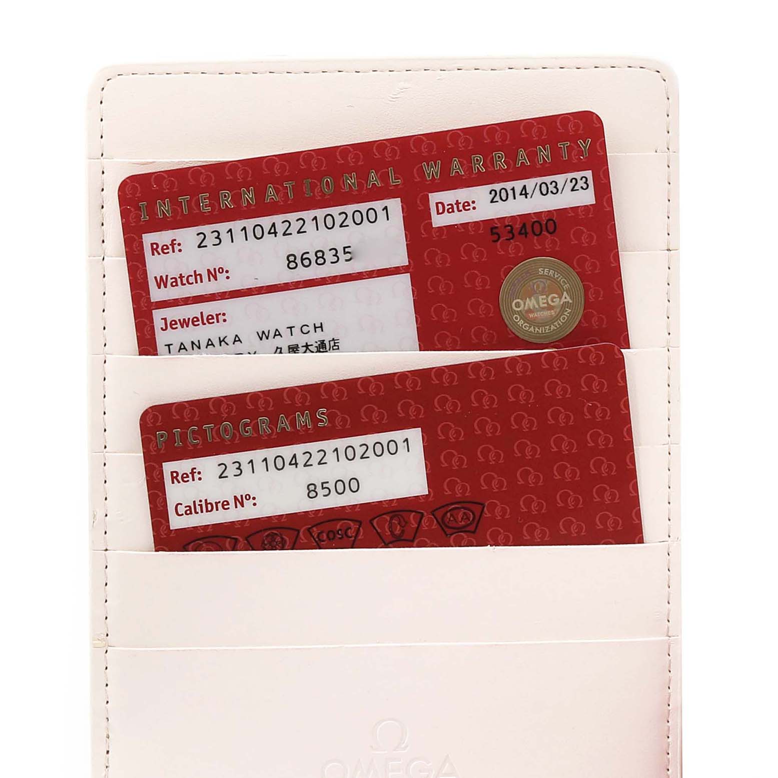 This image shows the warranty and pictogram cards for an Omega Aqua Terra 231.10.42.21.02.001 Men
s Stainless Steel Silver Dial 231.10.42.21.02.001 Men
s Stainless Steel Silver Dial watch, displayed in a cardholder.