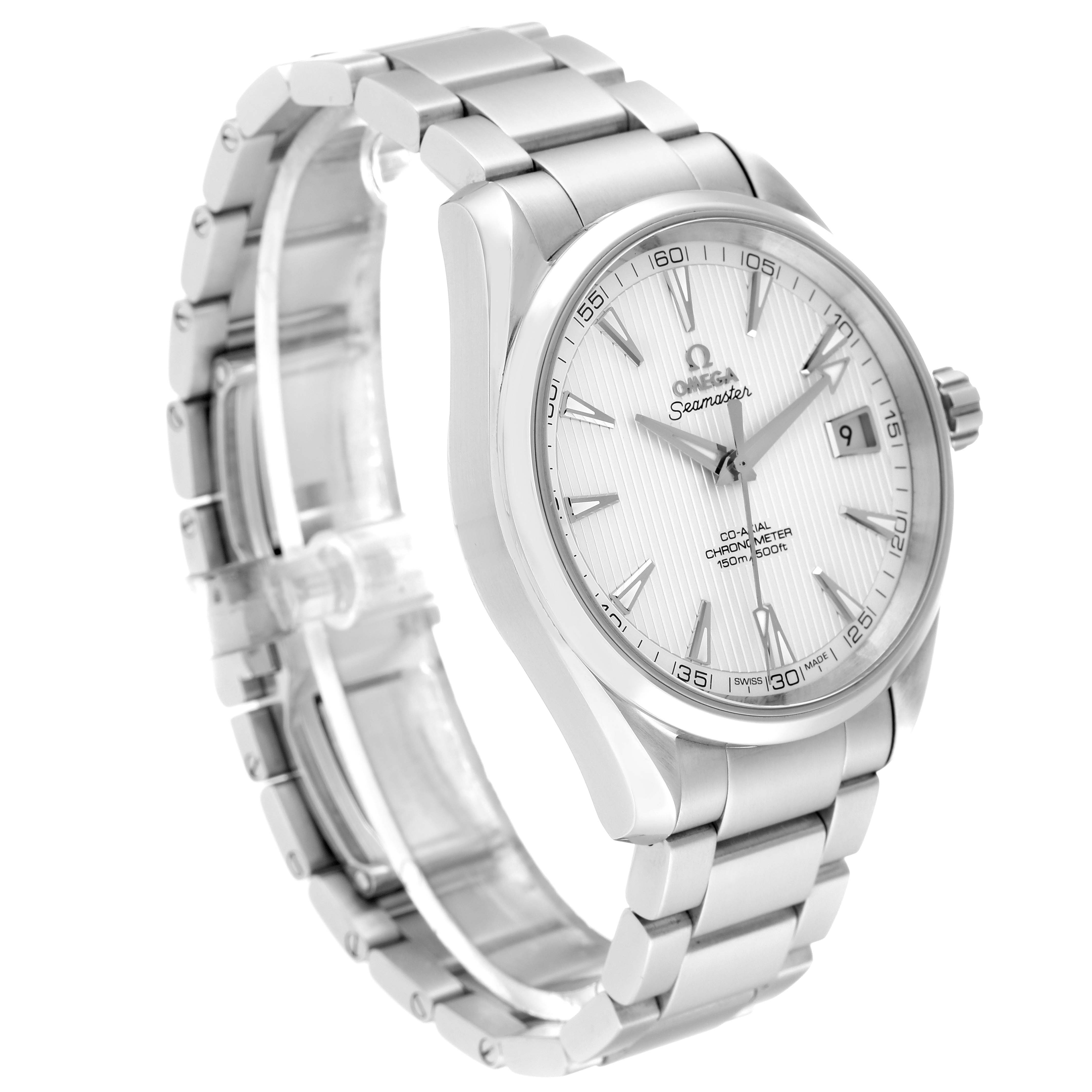 The image shows the Omega Aqua Terra 231.10.42.21.02.001 Men
s Stainless Steel Silver Dial 231.10.42.21.02.001 Men
s Stainless Steel Silver Dial watch from an angled front view, highlighting the watch face, bezel, and metal bracelet.