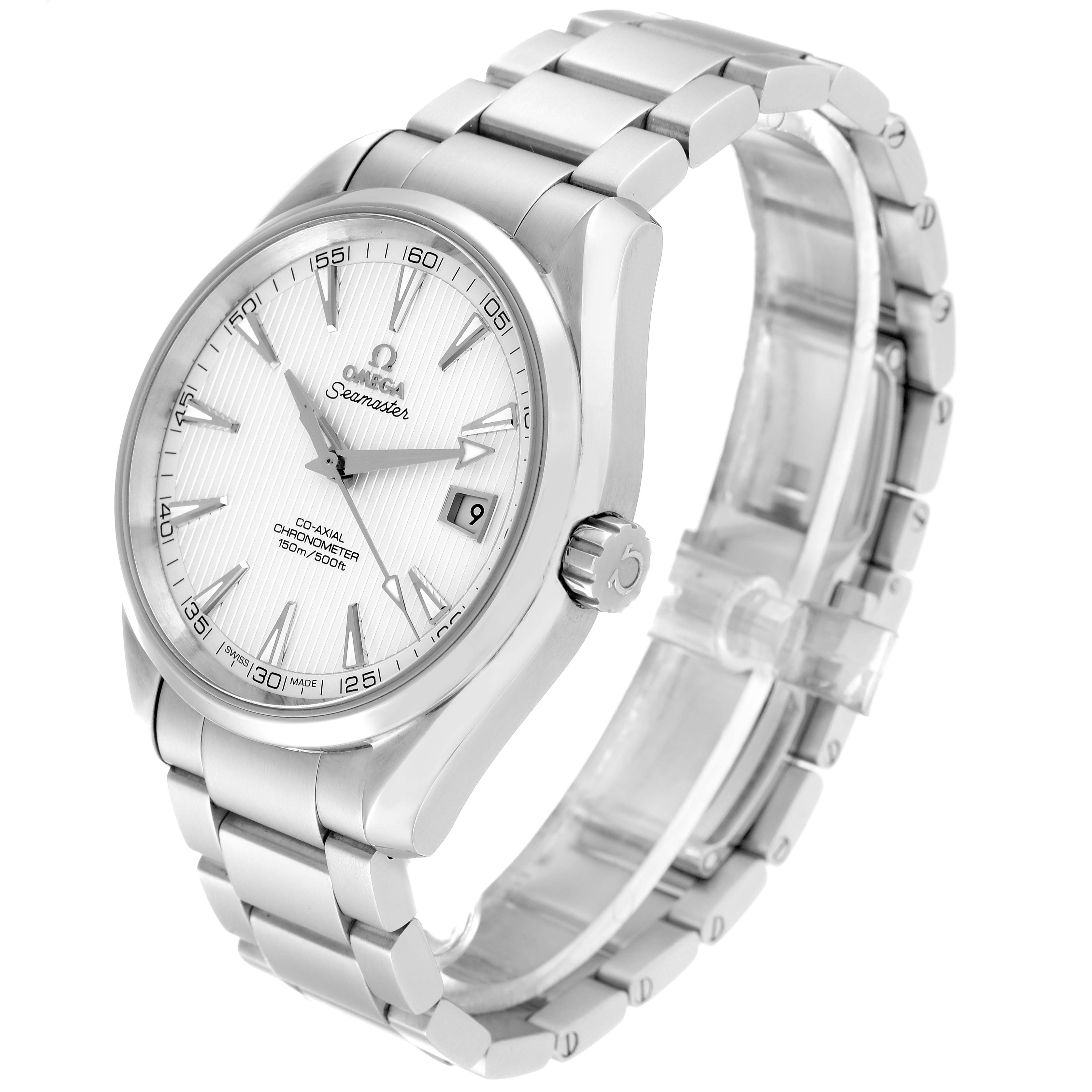The image shows a side and partial top view of the Omega Aqua Terra 231.10.42.21.02.001 Men
s Stainless Steel Silver Dial 231.10.42.21.02.001 Men
s Stainless Steel Silver Dial watch, detailing the face, bracelet, and crown.