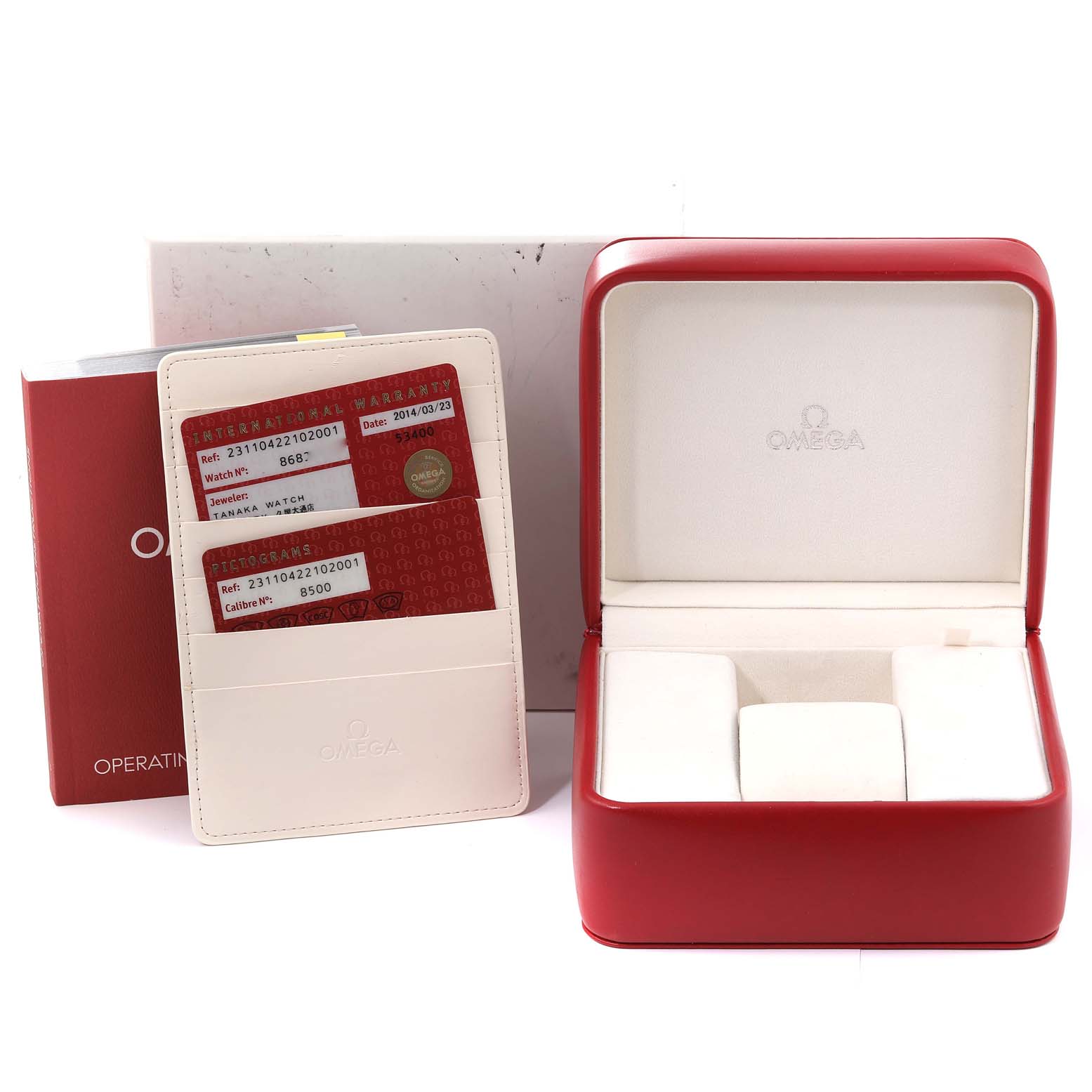 The image shows an empty Omega Aqua Terra 231.10.42.21.02.001 Men
s Stainless Steel Silver Dial 231.10.42.21.02.001 Men
s Stainless Steel Silver Dial watch box, warranty cards, operating instructions, and a cardholder.