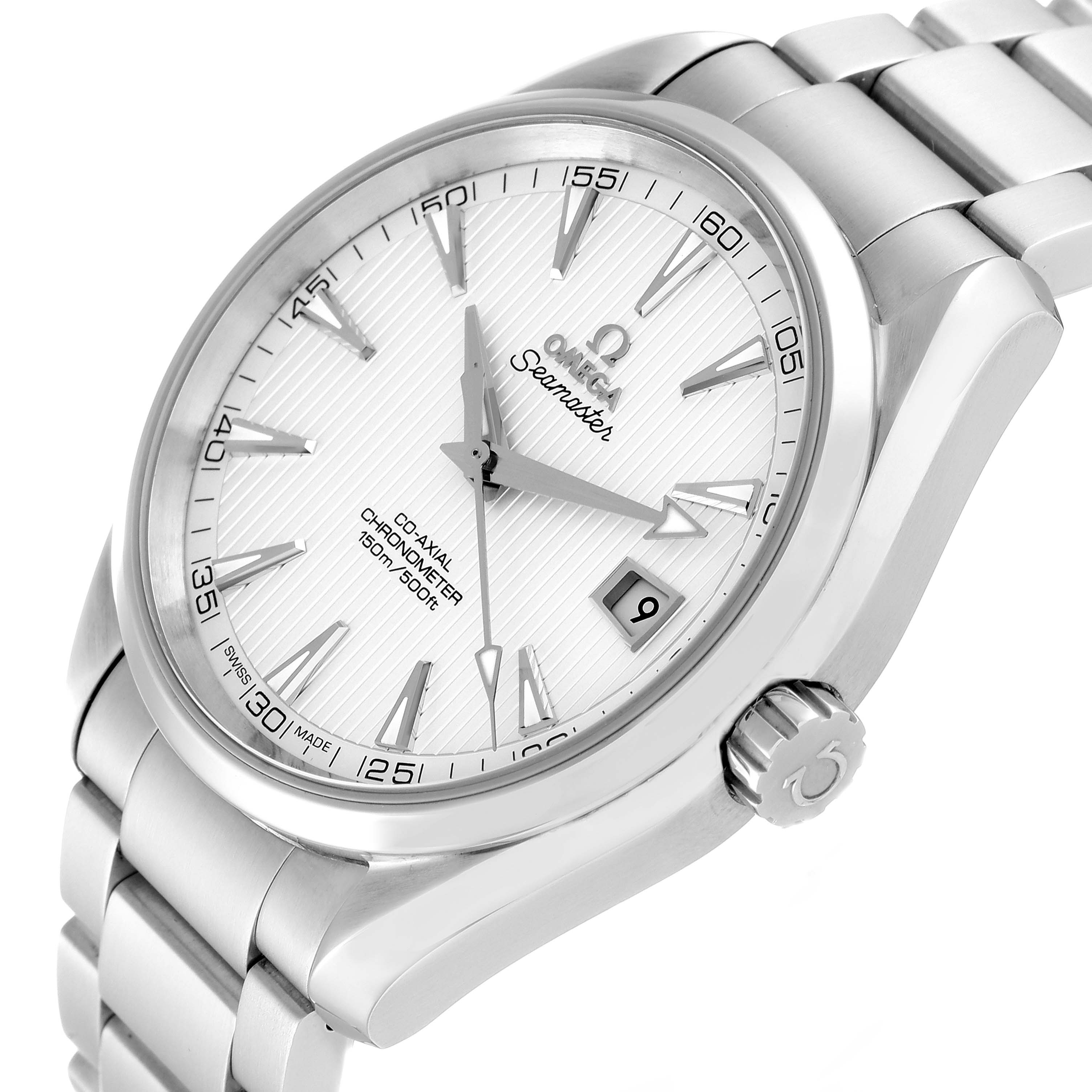 The image shows a side angle of an Omega Aqua Terra 231.10.42.21.02.001 Men
s Stainless Steel Silver Dial 231.10.42.21.02.001 Men
s Stainless Steel Silver Dial watch focusing on the face, bezel, crown, and part of the bracelet.