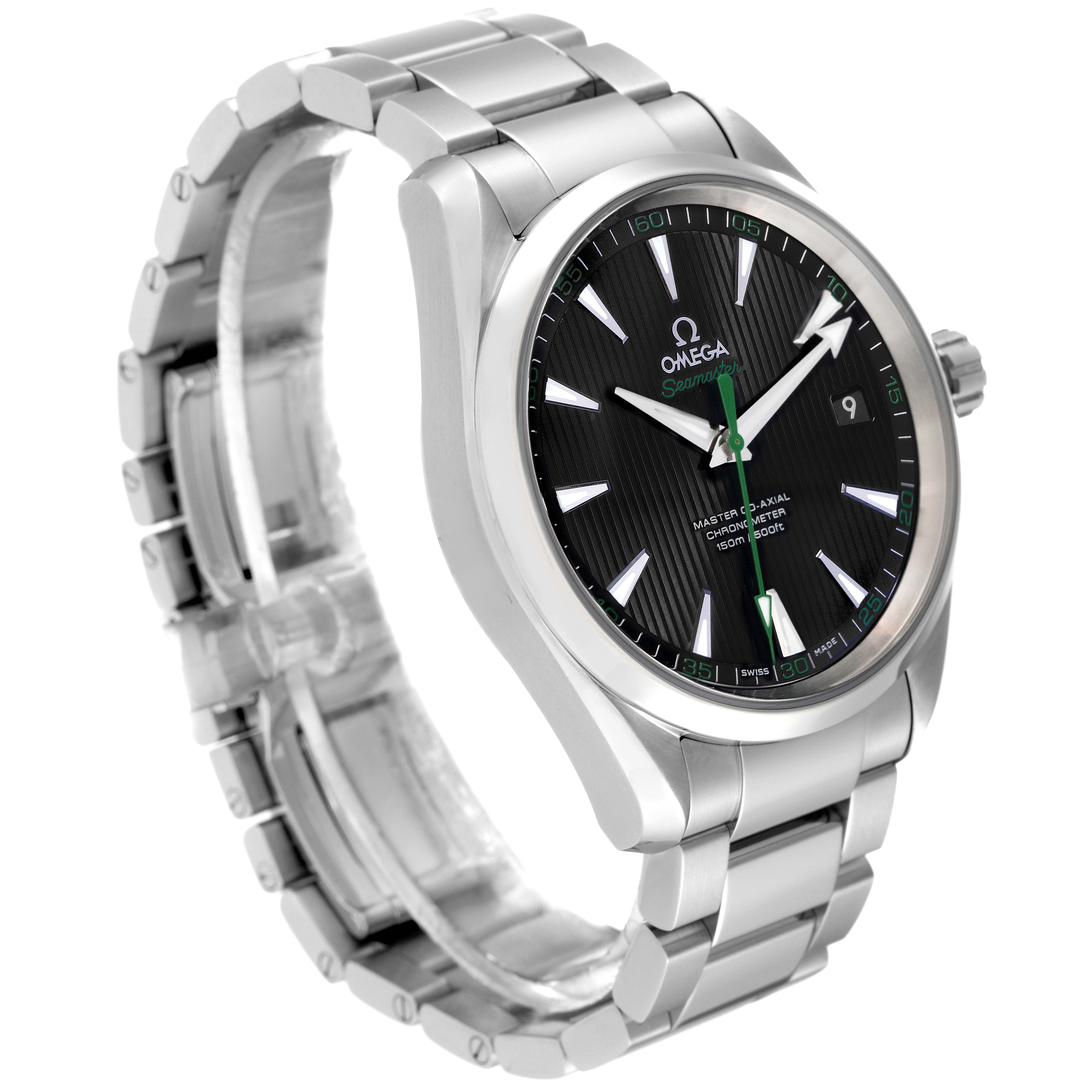 The image shows an Omega Aqua Terra 231.10.42.21.01.004 Men's Stainless Steel Black Dial 231.10.42.21.01.004 Men's Stainless Steel Black Dial watch at a 3/4 angle, highlighting the watch face, bezel, crown, and bracelet.