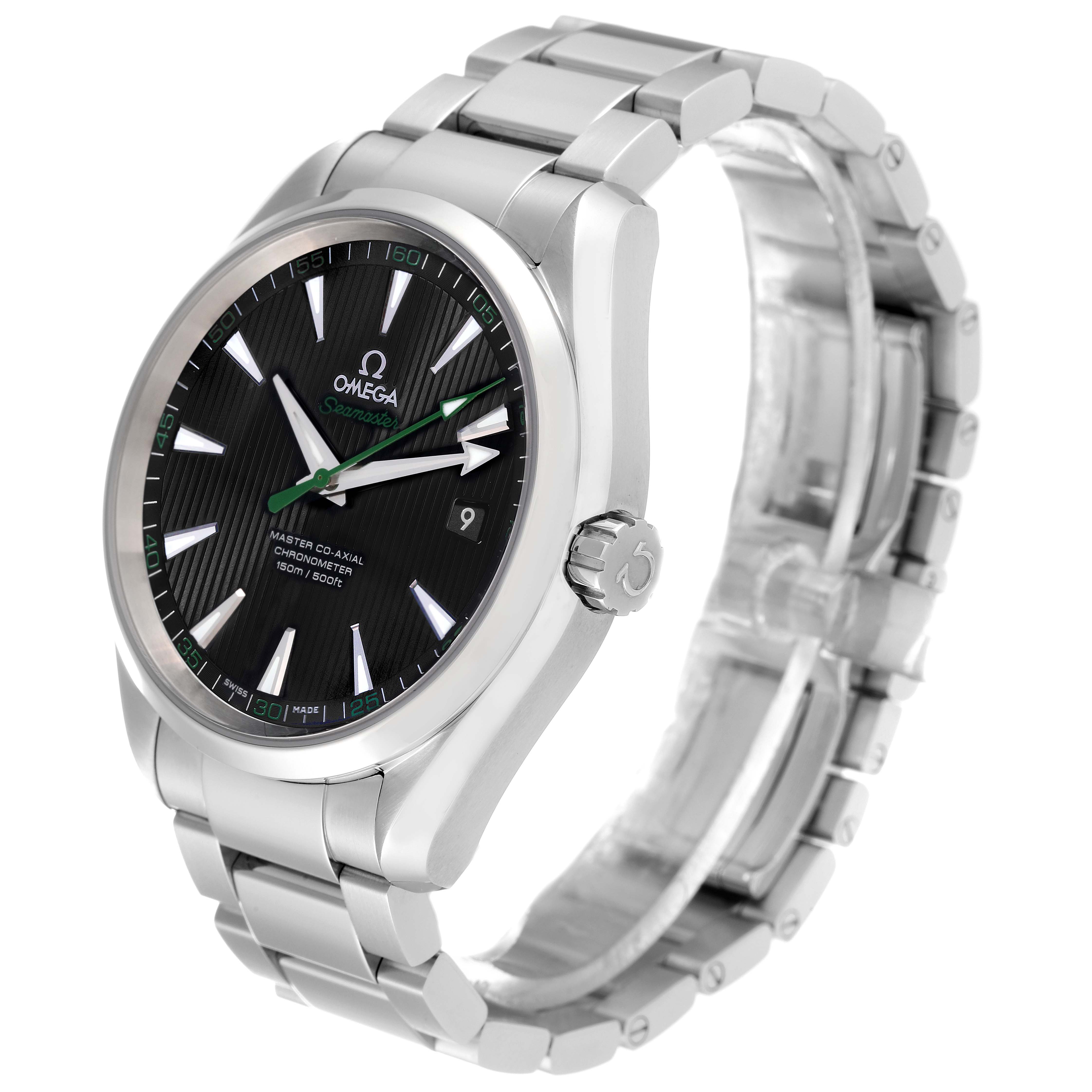 This Omega Aqua Terra 231.10.42.21.01.004 Men's Stainless Steel Black Dial 231.10.42.21.01.004 Men's Stainless Steel Black Dial watch is shown at a three-quarter angle, highlighting the face, bezel, crown, and bracelet.