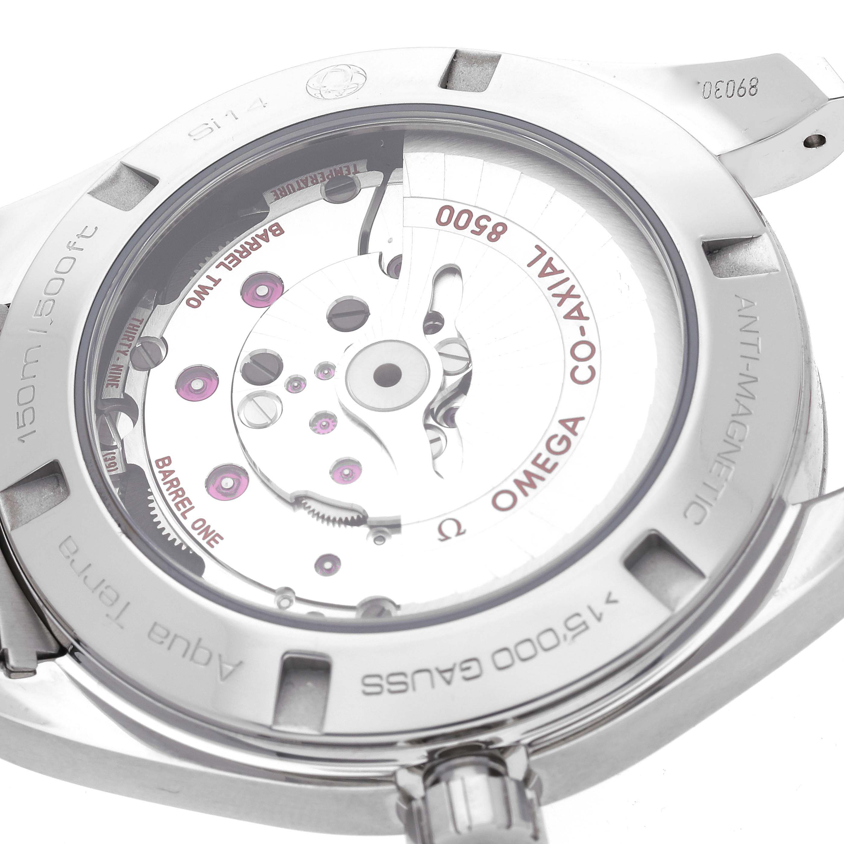 The image shows the back view of the Omega Aqua Terra 231.10.42.21.01.004 Men's Stainless Steel Black Dial 231.10.42.21.01.004 Men's Stainless Steel Black Dial watch, featuring its Co-Axial 8500 movement and anti-magnetic casing.